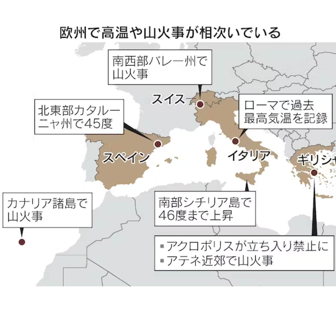 日本経済新聞社さんのインスタグラム写真 - (日本経済新聞社Instagram)「イタリアなどの南欧諸国を中心に、欧州に熱波が到来しています。各地で気温が40度超に上昇しており夜間も下がりにくく。体調不良による救急受診が相次いでおり、世界気象機関（WMO）は「心臓発作や死亡に至る例が増える」と警告しています。（写真はAP）⁠ ⁠ 詳細はプロフィールの linkin.bio/nikkei をタップ。⁠ 投稿一覧からコンテンツをご覧になれます。⁠ ⁠ #日経電子版 #ニュース  #熱波  #南欧  #WMO  #世界気象機関」7月21日 19時00分 - nikkei