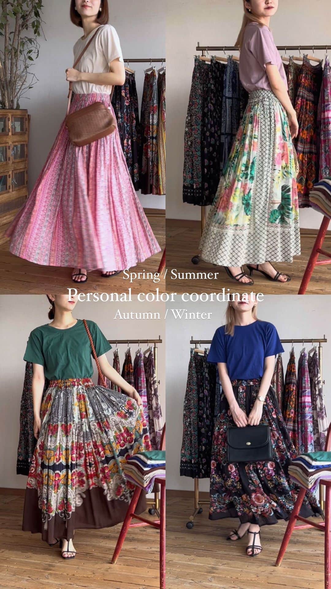 イーザッカマニアストアーズのインスタグラム：「＼personal color別コーディネート🎨／  人気アイテムの柄&カラーを パーソナルカラー別にご紹介♪  どの柄/カラーにしようか迷っていた方は ぜひ参考にしてみてください🥰  staff かなやん/Autumn/159cm みーちゃん/Winter/160cm  着用アイテム 汗しみないTシャツ〔スタンダード〕 インドコットンマキシスカート  ※Springの時に着用しているスカートは 完売してしまいました🙇🏻‍♀️」