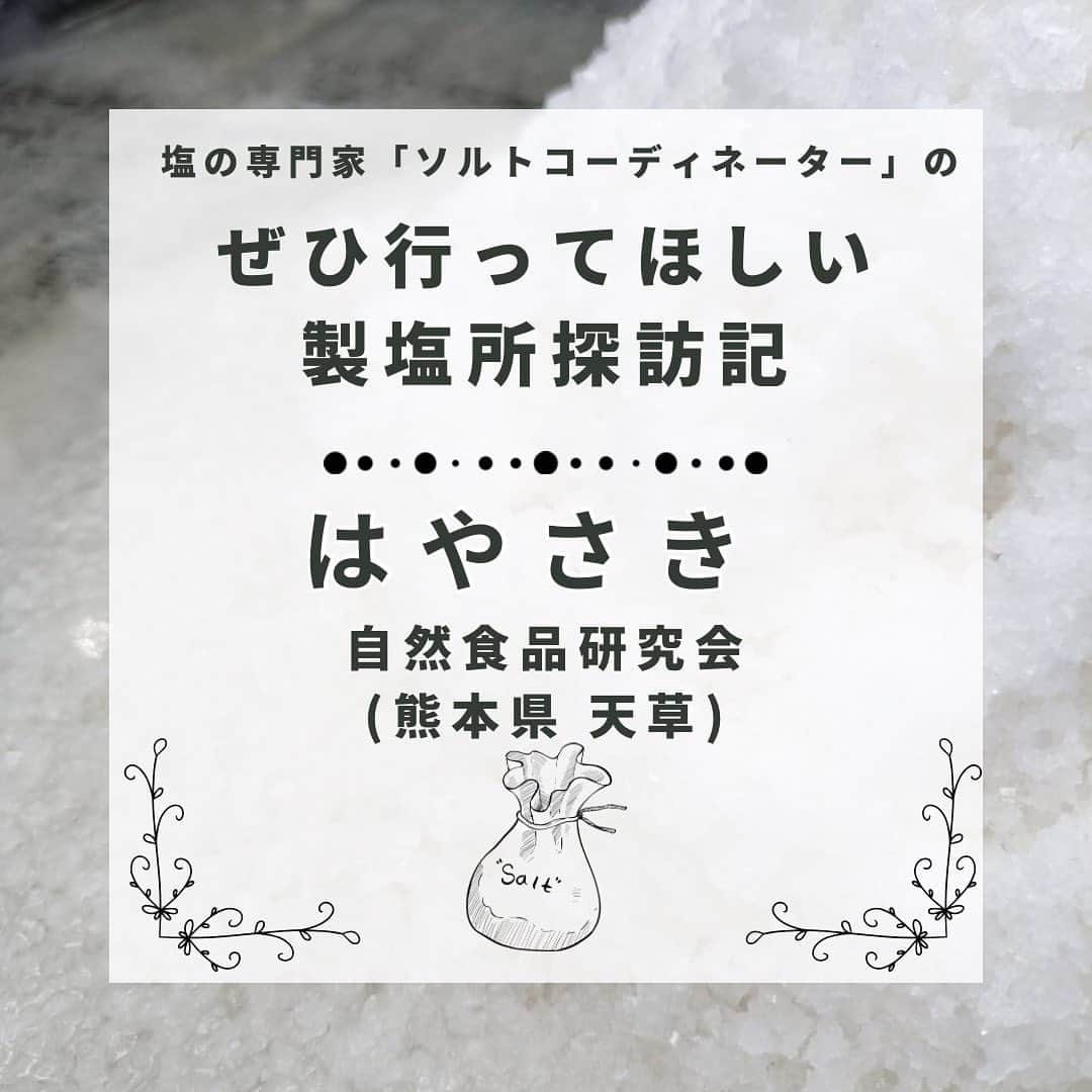 青山志穂のインスタグラム：「毎年30〜50箇所くらいの製塩所にお伺いしているので、なんだかんだと延べ400回以上は製塩所見学していることに。(同じところに何回も行ったりもしますが)  今回は、先日お伺いした、熊本県天草市の製塩所をご紹介します。  ＼日本では希少な完全天日塩／ 天草の通詞島にある、自然食品研究会の木口孝さん。この道数十年のベテランです。  ネット式塩田で濃縮した海水をハウス内の箱に入れて天日で乾かして結晶化させる、いわゆる完全天日塩である「はやさき」を生産しています。  ＼通詞島の海の豊かさ／ 汚染の少ない豊かな海に恵まれた通詞島には、野生のイルカが群生しています。 その海の水を原料に、燦々と輝く太陽と海風の力で育った塩が、おいしくないわけがないですよね☀️  ＼塩は2種類／ 「はやさき」には、粒の大きめなノーマルタイプと、粒が小さめの極上タイプの2種類があります。  どちらもボリューム感のある味わいですが、極上のほうがうまみが濃く、ノーマルタイプのほうがミルキーな印象です。  ＼元プロサッカー選手が弟子入り！／  高齢化に伴い後継者を探していたところ、元プロサッカー選手の黒木さんが弟子入り！今は技術を学びながらお塩作りに励んでいらっしゃるそうです。  未来へと繋がってくれて、嬉しい😭  ▼はやさきが欲しい方へ 「自然食品研究会 はやさき」で検索するとホームページが出てきます。 注文方法などが記載されているので、ご確認の上、オーダーしてみてください。  ꙳✧˖°⌖꙳✧˖°⌖꙳✧˖°⌖꙳✧˖°⌖꙳✧˖°⌖꙳✧˖°⌖꙳✧˖° すぐに役立つ塩情報発信中！ プロフィール欄から公式LINEに登録できます。  塩の活用方法や知っていると得する情報、お得なクーポンを無料で配信中！限定動画も盛りだくさんです。  ▼ソルトコーディネーター青山志穂公式LINE https://lin.ee/kuHj9zl  #塩 #天然塩 #自然塩 #岩塩 #天日塩 #ソルトコーディネーター」