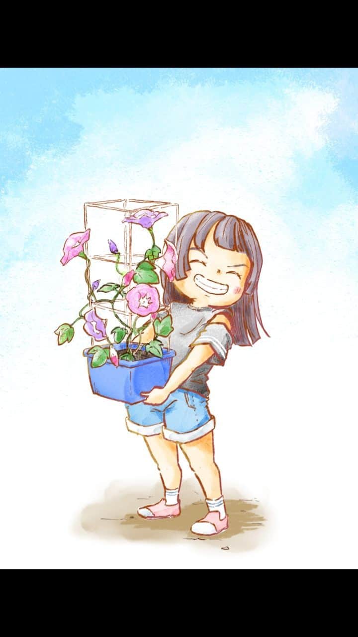 チッチママのインスタグラム：「皆様よい夏休みを🍉 #夏#夏休み#小学生#朝顔#小学校#青空」