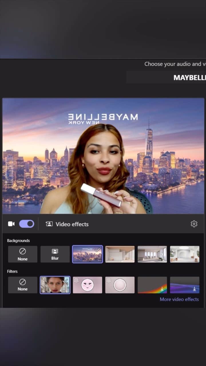 Maybelline New Yorkのインスタグラム：「Friday meetings?!🙄 Get ready in a click with our NEW Microsoft Teams virtual looks! Access them using the “Video Effects” icon.📸 Just click “more video effects” under the filters tab, then select Maybelline and opt in! Comment your favorite look below!😘」