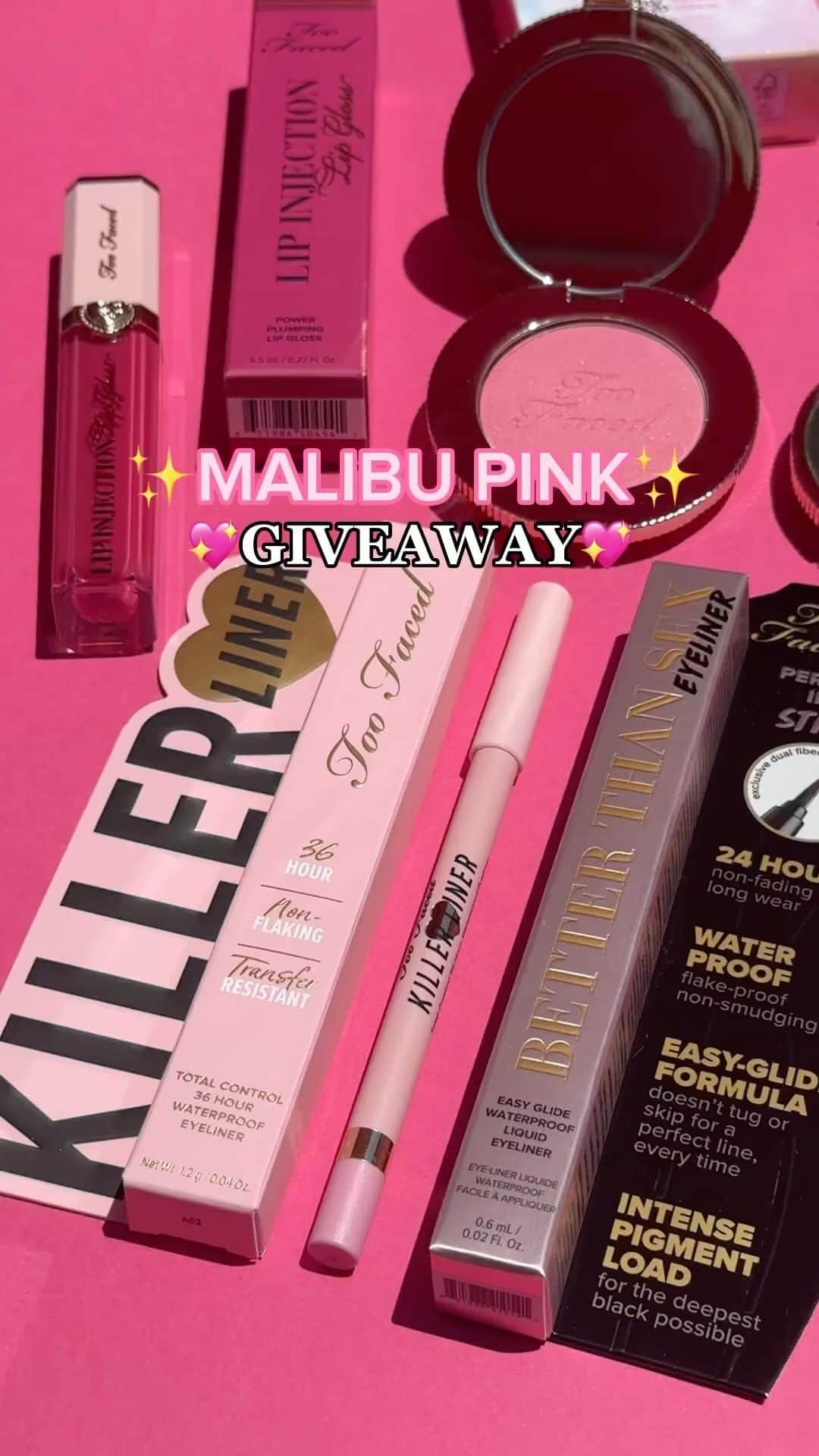 Too Facedのインスタグラム：「💖 MALIBU PINK GIVEAWAY 💖 We’re giving TWO lucky babes the ultimate pink summer prize pack!  Prize Pack includes: Killer Liner shade Pink, Better Than Sex Eyeliner in Black, Lip Injection Lip Gloss shade People Pleaser and Candy Clouds Blushes shade Golden Hour and Watermelon Rain   HOW TO ENTER:  ✨LIKE & SAVE this post  ✨FOLLOW @toofaced  ✨TAG 2 of your friends (they must be following, too!)  ✨* For additional entries, comment a 💓 on our most recent posts!     (US) Giveaway ends (7/24) at 11:59PM PST & the winners will be contacted via DM from the official @toofaced account on 7/25 . GOOD LUCK! #toofaced #tfcrueltyfree #malibupink #trendingwithtoofaced」