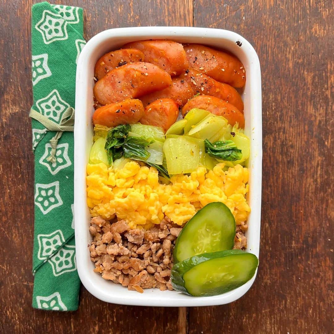 Rocoのインスタグラム：「06.27 4色丼弁当　ぬか漬けのせ  #roco弁#お弁当#obento#bento#大学生弁当#野田琺瑯」