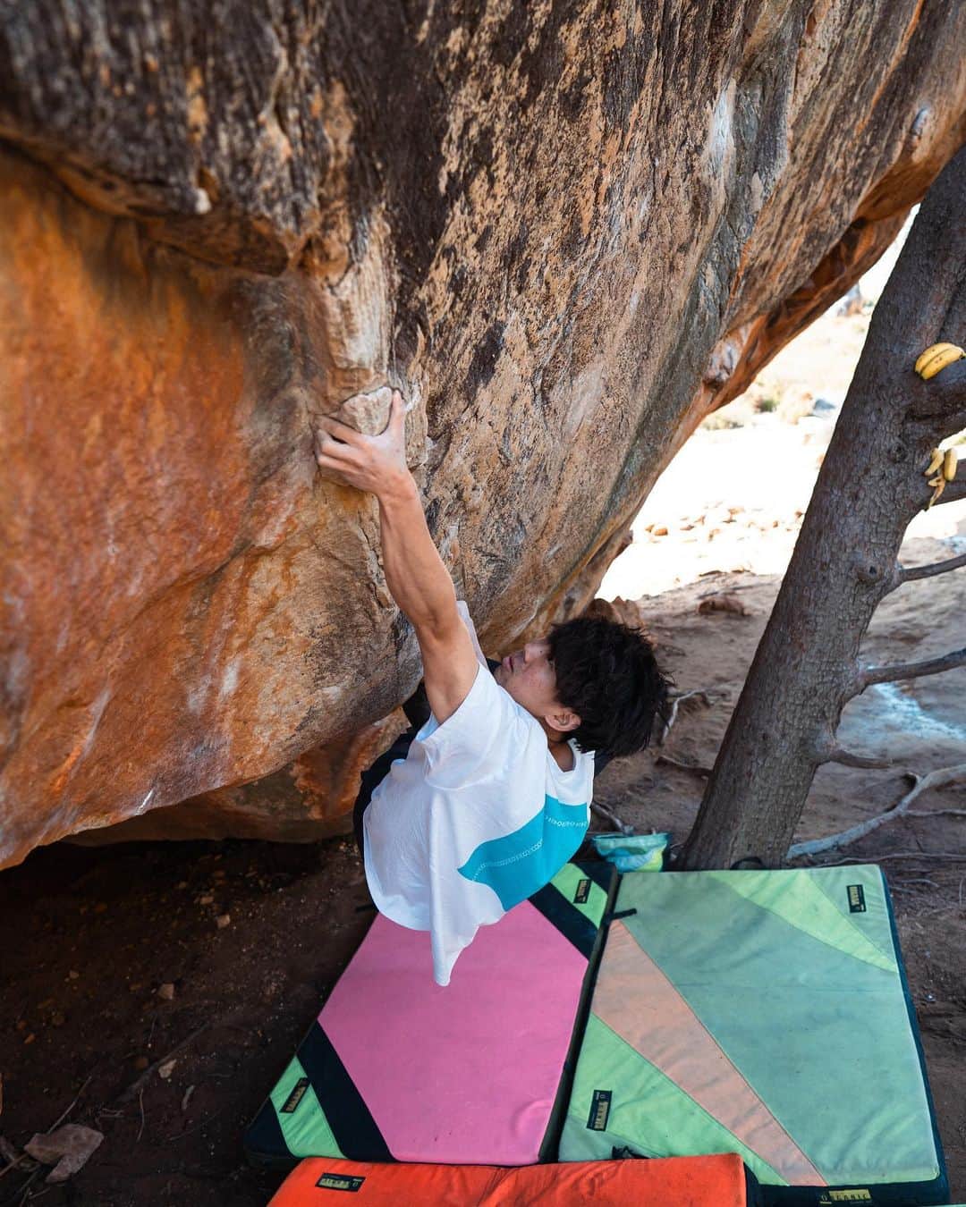 村井隆一のインスタグラム：「Monkey Wedding(V15/8C)✅  Climbing for 6 days without rest days because African life is too fun. Yesterday, I managed to send one of the main goals of this tour. Seven years ago I couldn't do the full reach crux at all, but this time it felt easy (Though I had a hard time for connecting due to my finger skin problem🙈) I'm glad that the range of moves I can perform has definitely increased compared to before. Time to try highballs. ____________________________________ アフリカライフが充実しすぎて気づけばノーレストのまま6連登目に突入。 昨日は今ツアーのメインゴールの一つ、フレッドニコル大先生(@fred_nicole )のMonkey Wedding(五段+)が登れた。7年前にトライした時には全く出来なかった核心のパツパツデッドが今はあっさり止まるようになってた(指皮無さすぎて繋げで沼ったけど)。ムーブの引き出しも距離出しの範囲も昔より確実に広がってて成長してる実感が得られた。この調子でハイボールも頑張ろう。 完登直後に @nari.tomo がバナナを投げてくれたので岩の上で15年ぶりくらいに食べたけどやっぱバナナは苦手。  Photo @nari.tomo  #climbing#bouldering#ボルダリング#rocklands @rokdo_team @frictionlabs @organicclimbing @unparallelup @rockmasterhq @team_edelrid @clover_resole @climbskinspain @urban_basecamp_shinjuku @basecamp.import @basecamponlineshop」