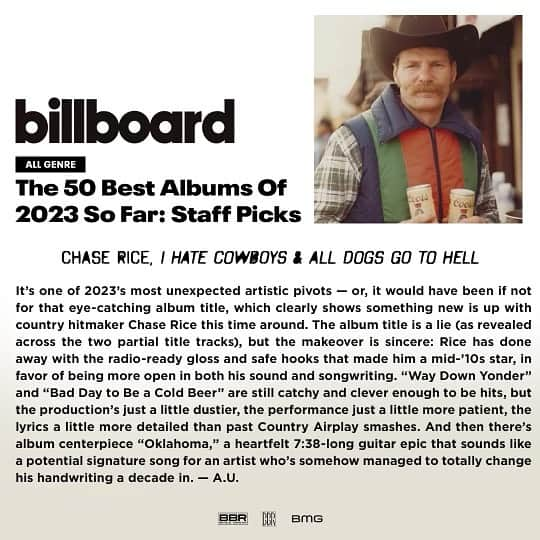 チェイス・ライスのインスタグラム：「When we started this record I felt like for the first time I was making music I could really be proud of, something my dad would have been proud of(that's him on the cover). My careers been a fun ride so far, but I've never really felt like I was bein myself, or just chasing something I guess. I'd tell anyone new to this thing, don't follow what's popular, just do what you really believe in, something that makes you come alive, something that makes you really feel, that'll be popular enough. Thank you @billboard, this means a lot.」