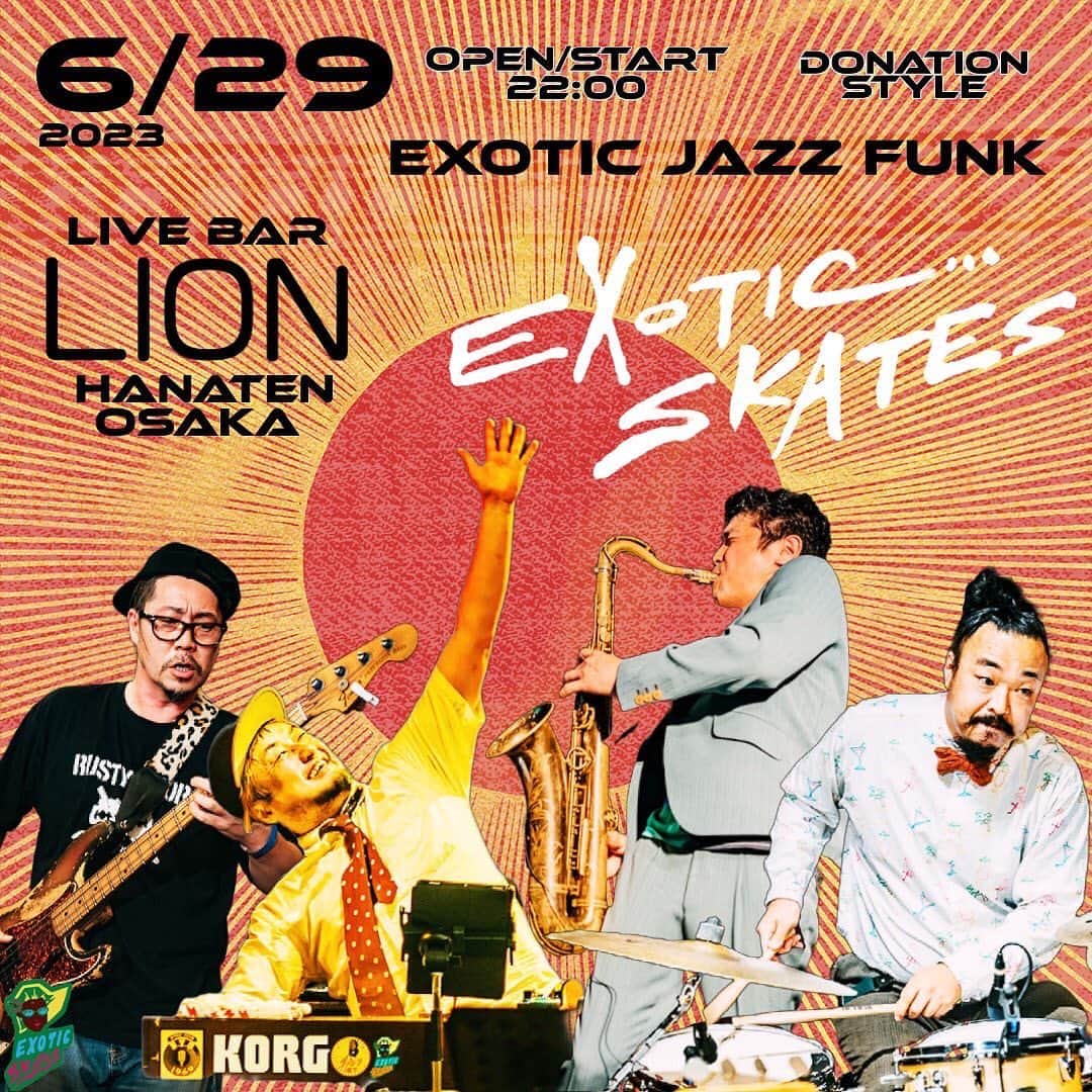 MONKYのインスタグラム：「明日は大阪放出にて、EXOTIC SKATES。 @exotic_skates   ライブは22時からという変則スタートで40分一本勝負。  今回もどんな夜になるのか楽しみ。  ６月２９日（木） EXOTIC SKATES  Live at 放出 LION  ●Live Bar LION（大阪府東大阪市森河内西1-12-2ナポリ東大阪ビル1F）  ●Open / Start 22:00（1set）  ●Charge  Donation Style  ●出演  『EXOTIC SKATES』 MONKY（Sax） 岩井ロングセラー（Organ） 高木記明（Bass） 梅本浩亘（Drums)  ●2022年の結成から駆け抜けるように活動を続け、2022年には神戸・大阪で主催イベント「ファンク横丁」「エキゾチック横丁」を大成功させ、勢いにのるEXOTIC SKATES。2023年2月から新曲を毎月１曲を配信でリリースし、国内外のリスナーが急増中！ ７月５日に1st singleとなる７inch Vinylをリリース。 この日は４０分一本勝負のプレミアムライブ。 エキゾチックでチャンキーなJazz Funkを体感してください！  【Website】https://lit.link/exoticskates  ●予約・お問い合わせ Live Bar LION〜来音我楽〜 070-3319-2189 https://www.facebook.com/livebarlion/  facebookイベントページ https://fb.me/e/4lgbiGRX8」