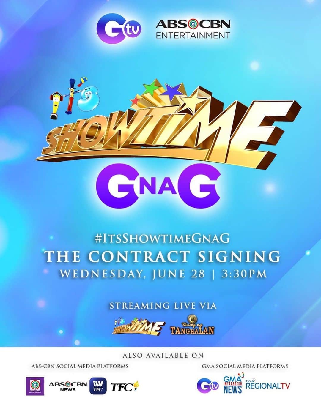 のインスタグラム：「Madlang People! G ka na ba sa Pang MALAKASANG plot twist of the year? 💙💛  #ItsShowtimeGnaG: The It's Showtime and GTV Contract Signing   Ngayong June 28, Wednesday, 3:30PM   Streaming LIVE via It's Showtime, ABS-CBN and GMA social media platforms! 🫶」