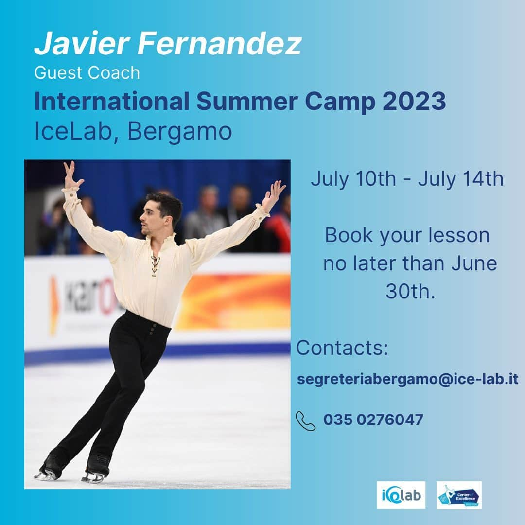 ハビエル・フェルナンデスのインスタグラム：「Javier Fernandez will join us as guest coach at the International Summer Camp in IceLab, Bergamo! He will be available for private lessons from July 10th to July 14th!  Call our office or send an email to segreteriabergamo@ice-lab.it to book your lesson!   #icelab #icelabcenterofexcellence #javierfernandez #summercamp2023」