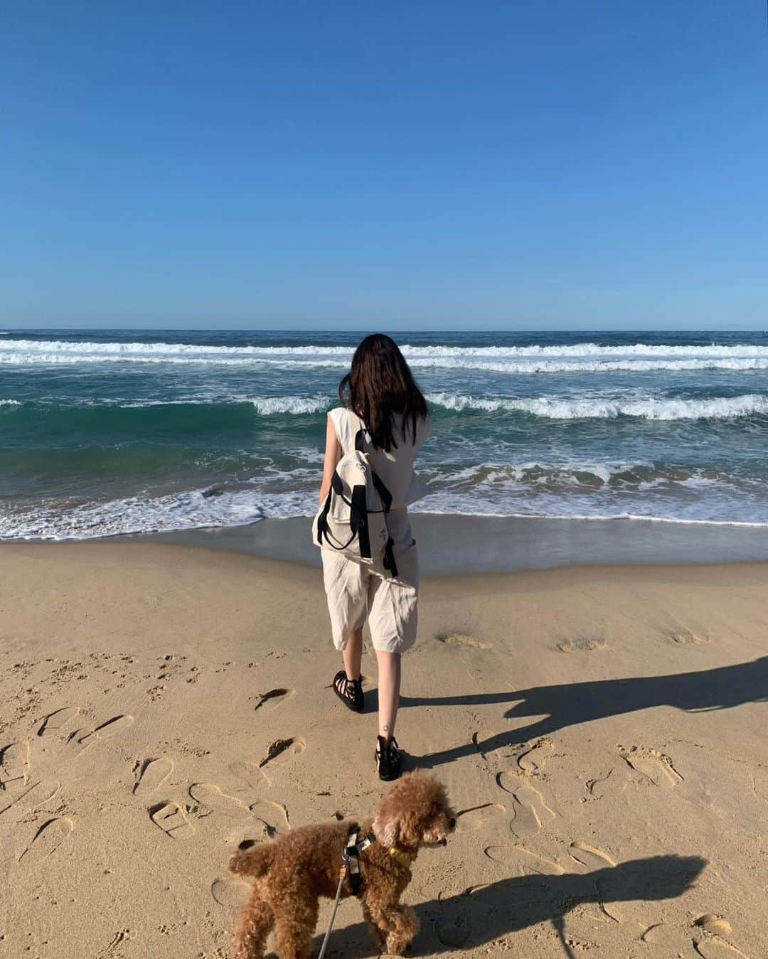 nanaのインスタグラム：「주말의 양양여행사진은 달랑 뒷모습 한장.  그리고 이번주 간절기을 위해 가볍게 만든 티들이 모두 업뎃되었담🙆🏽」