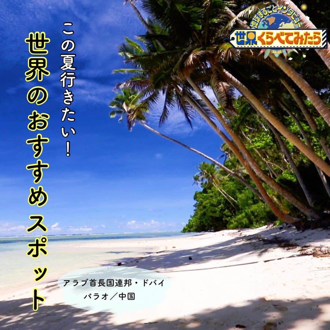のインスタグラム：「🌏  この夏行きたい！ 世界のおすすめスポット✨  ／ #アラブ首長国連邦 ・ドバイ #パラオ  #中国  ＼  絶品料理とスリルが味わえる 空中レストラン🍽️ 標高1300ｍに作られているテーマパーク🎡  ∞-----------------------------∞ TBS『 #世界くらべてみたら 』 水曜よる8時〜 出演: #国分太一 #上白石萌音 ∞-----------------------------∞  #せかくら #絶景 #絶景スポット #ガイドブック #旅行 #夏 #おすすめ #おすすめスポット #海 #空中 #レストラン #エビールチャネル #シュノーケリング #ジュゴン #テーマパーク」