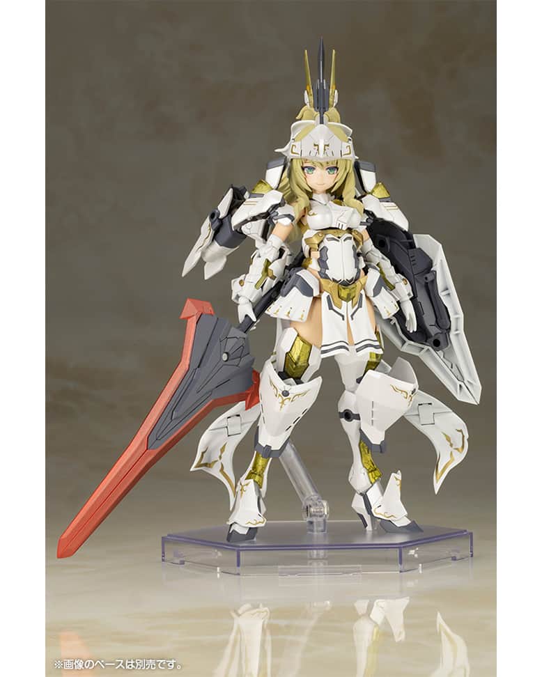 のインスタグラム：「DURGA II is based on the Frame Arms model of the same name designed by ToMo and transformed into an original female character illustrated by E-ji Komatsu.  A bonus pamphlet made by SB Creative is included with this model kit which includes special content such as an original illustration.  Model Specifications: ・4 types of pre-painted face parts are included (Gentle Smile, Smug, Pouting, and Panicked). ・The hairstyle has been changed to a ponytail. The ponytail can be removed for a short hairstyle. Additionally, the long hair parts from DURGA I are also included. ・A ribbon can be attached to the bangs by removing the armor. Bangs without headgear are also included. ・A decorative waist cloth is included. Gold patterns can be recreated using the included decals. ・The greatsword "Berngurst," the shield "Hel-Rine," and the "Aiming Jammer" for the head are all included as specialized armaments. ・The greatsword "Berngurst" can be broken down into two "Reharou" longswords held in each hand, and an extra blade can be attached to the hilt to create the longsword "Hajit." ・Users can swap out the head parts with the "Aiming Jammer" to display Jamming Mode. ・The lance "Hale-Rung" is included. ・"Hale-Rung" can be separated into a short lance and mace. ・The characteristic clear armor is recreated with clear parts and has engravings carved underneath. ・The kit includes decals for the eyes and other gold markings. ・A simple round base is included. The attachment parts can be moved up and down. ・The pop-out chest and shoulder joints can be moved, allowing for a wider range of movement. ・Using the sliding joint on the hip and the pop-out joints on the thighs together allows for a wider range of movement. ・The hand parts are attached with a ball joint, allowing you to post the hands in a variety of expressions. ・The model kit includes five sets of PVC hand parts. The joint is compatible with other Frame Arms Girl model kits, allowing you to change out the hands to make your own custom Frame Arms Girl. ・The 3mm connectors on the arms and feet are compatible with gear from the M.S.G and Frame Arms series.  © KOTOBUKIYA  Available December 2023.」