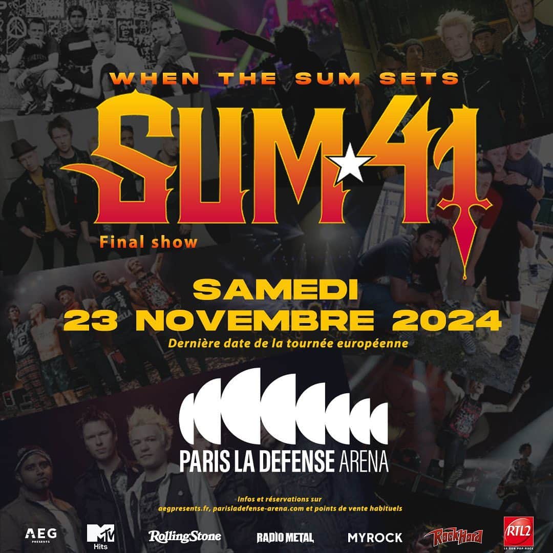Sum 41のインスタグラム：「Tickets for our final Paris Stadium show at @parisladefense_arena on November 23, 2024 are on sale now!」
