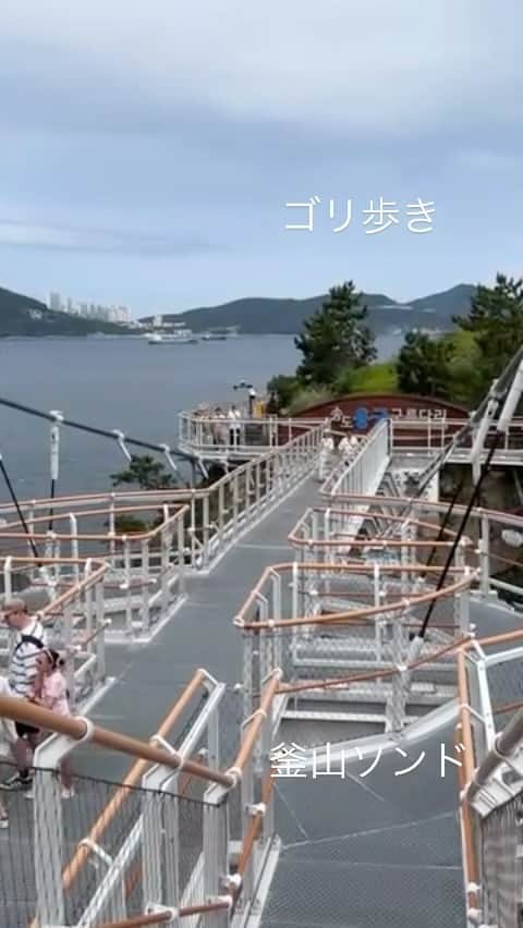 のインスタグラム：「ゴリ歩き  中上さん初登場です。  釜山はソンド 海水浴場や 海の上のロープウェイがあったりします。  島と島を繋ぐ橋  かなり高いところに あります。  #ゴリ歩き」