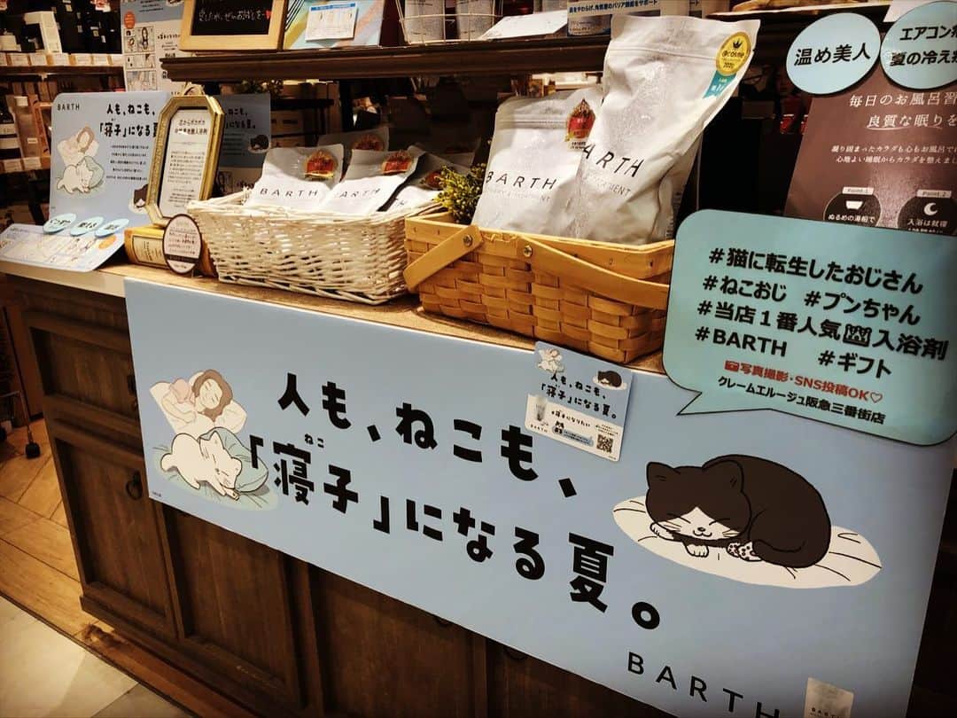 クレームエルージュのインスタグラム：「.  こんにちは✨ クレームエルージュ阪急三番街店です💄  すっかり夏らしく、暑くなってきましたね☀️ 室内と外の気温差でバテていませんか？💦  エアコン、冷たい飲みもので意外と身体は冷えています💦 そして冷えは美容の大敵です💦  そんな毎日のお供に、BARTHの入浴剤はいかがでしょうか？  BARTHは当店で1番人気の入浴剤です👑  過去には、これを使ったら翌朝家族みんなで寝坊したというエピソードでバズったすごい入浴剤です😪💤  中性重炭酸入りの入浴剤がお湯に溶け込み、 有効成分が温浴効果を高めてくれます。  そして、今大人気の「ねこに転生したおじさん」とコラボ中🐈‍⬛ #ねこおじ #プンちゃん   ↓こちらから読めます💓 やじま先生　@yajima_en   かくいう私もプンちゃんの大ファンで毎日の楽しみです💗 うにゃにゃーにゃん🥫🐟  売り場にはプンちゃんがたくさん！！！ プンちゃんのおかげで、とっても可愛い売り場になりました💓  プンちゃん、てんしゃい？？✨  ぜひ、プンちゃんに癒されにきてください❤️ そしてBARTHであったまってください🛁  皆さまのご来店をお待ちしております⭐️  #BARTH #入浴剤 #温活 #ねこに転生したおじさん  #ねこおじ #プンちゃん #寝子になりたい #クレームエルージュ #阪急三番街 #shopin #ショップイン」