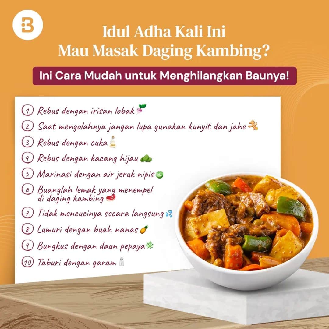 のインスタグラム：「Beauties, momen idul adha atau yang sering disebut juga dengan lebaran haji yang identik dengan ibadah haji, qurban dan juga identik dengan hidangan daging kambing. Gak jarang sebagian orang menjadi malas mengolah daging ini karena menimbulkan bau yang kurang sedap.  Nah, beauties bisa cobain tips mudah ini ya untuk menghilangkan baunya dan semakin nikmat deh saat disantap! —-- Jangan lupa untuk follow @Beautynesia.id  untuk berita menarik seputar wanita dan lainnya!  Follow juga instagram : @beautynesianews 💄 @mommyasia.id 🤰🏼👶🏻 —----  #wellness #iduladha #lebaraniduladha #lebaranhaji #naikhaji #daging #dagingkambing #masak #tipsmemasak #beautynesiaid」
