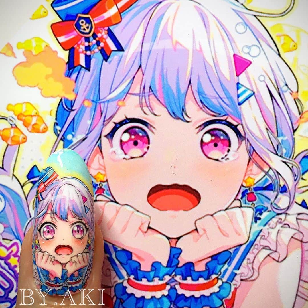 のインスタグラム：「BanG Dream!バンドリ♫  ハローハッピーワールド🎵 松原花音💙  涙は無しにしました😆 可愛過ぎてヤバし🌀  🎨使用商材👇👇👇👇 💅プロショップ　TAT  自己紹介URLより 💅誰でもショップ　@nailoid.by.aki  💅直接リンク　💻プロフィールURL  #バンドリ  #bangdream  #ガルパ  #garupan  #かのん  #松原花音  @by.aki #anime#manga#NAIL#ジェルネイル#ネイル#福岡#福岡市#全てジェルネイル#手描きネイル#all.gel#痛ネイル#ネイリスト#キャラネイル#네일#gel甲#美甲#爪甲#clou#مسمار#paku #uña」