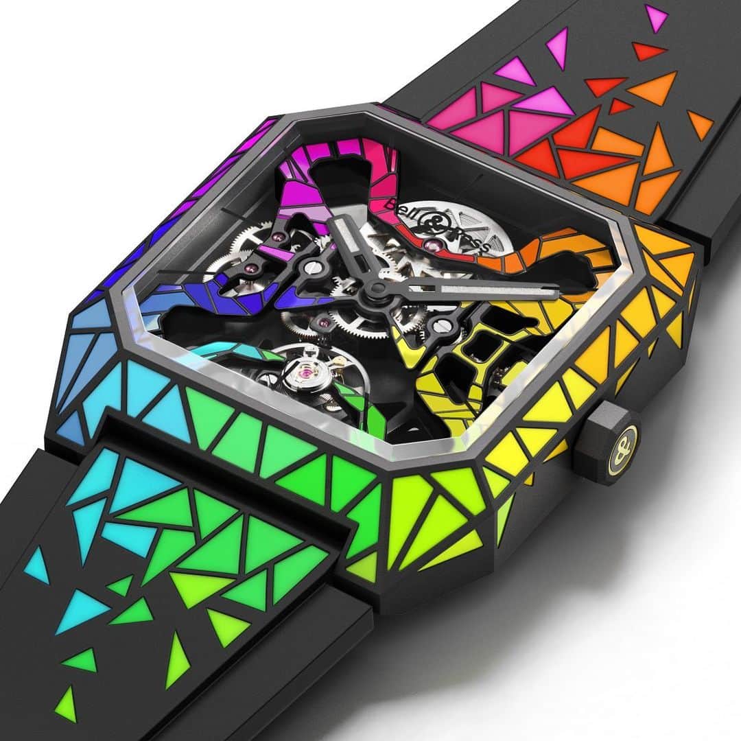 ベル&ロスのインスタグラム：「Bell & Ross is honored to present the BR 03 Cyber Rainbow timepiece for the 2023 edition of Only Watch, a biennial charity auction of unique watches for research on a cure for muscular dystrophies.  In tune with this year’s theme, we incorporated an extensive spectrum of colors in the form of a mosaic pattern into this exclusive one-off timepiece born out of a fusion of design elements taken from both the iconic BR 03 line and the avant-garde Cyber collection.  To be auctioned at Only Watch 2023 on November 5, 2023, at Palexpo in Geneva.  Discover more on www.onlywatch.com/bell-ross #bellross #timeinstruments #BR03 #BROnlyWatch #OnlyWatch」