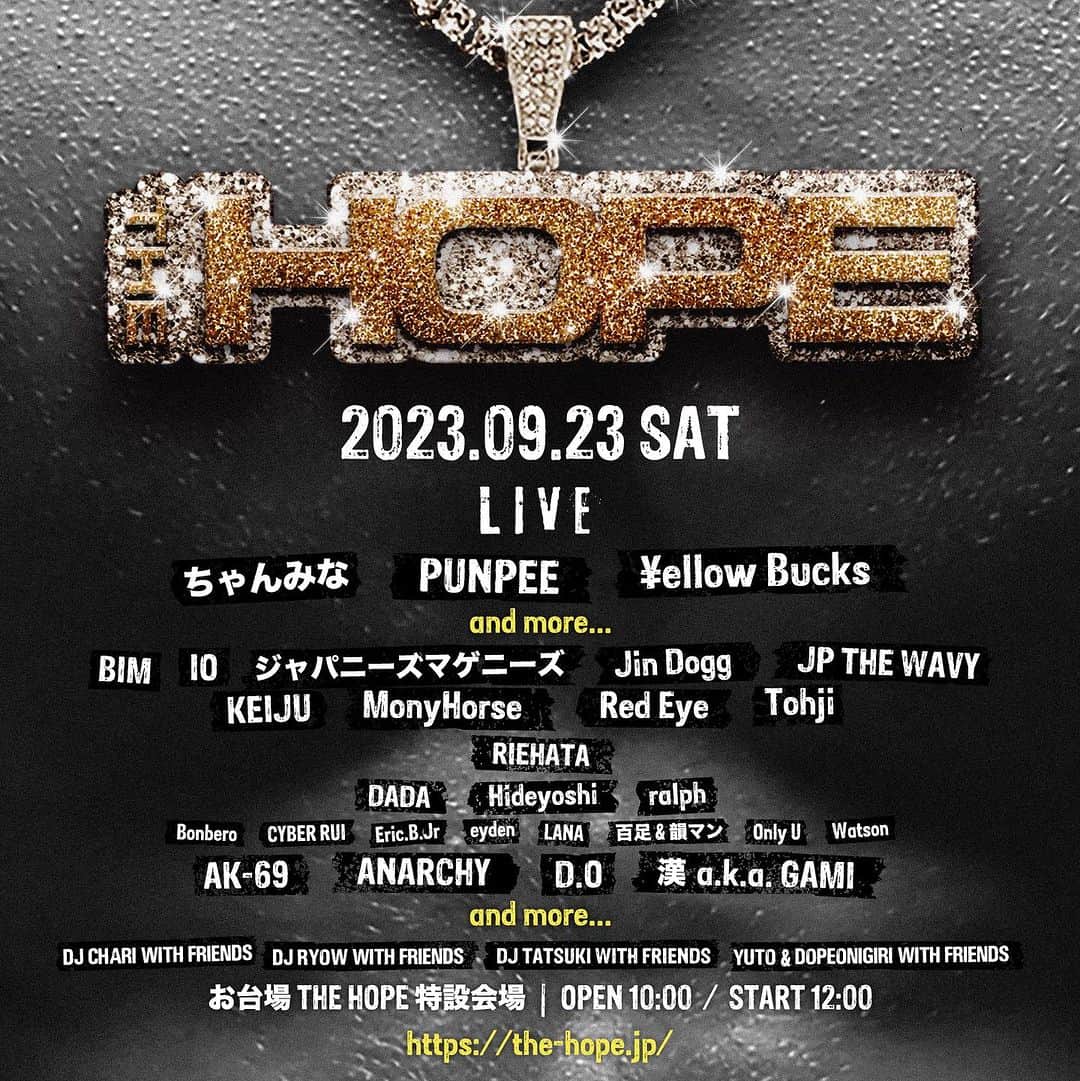 のインスタグラム：「【LIVE INFO】 THE HOPE 2023 2023.09.23 sat at お台場特設会場  昨年10,000人を超えるオーディエンスで大盛況となった国内最大級のHIP HOPフェスが帰ってくる🔥 今年は規模を倍以上に拡大し、野外フェスへと進化。  🎫受付中▶️ https://the-hope.jp/  #THEHOPE_FES2023 #THEHOPE2023 #HIPHOP #AK69」