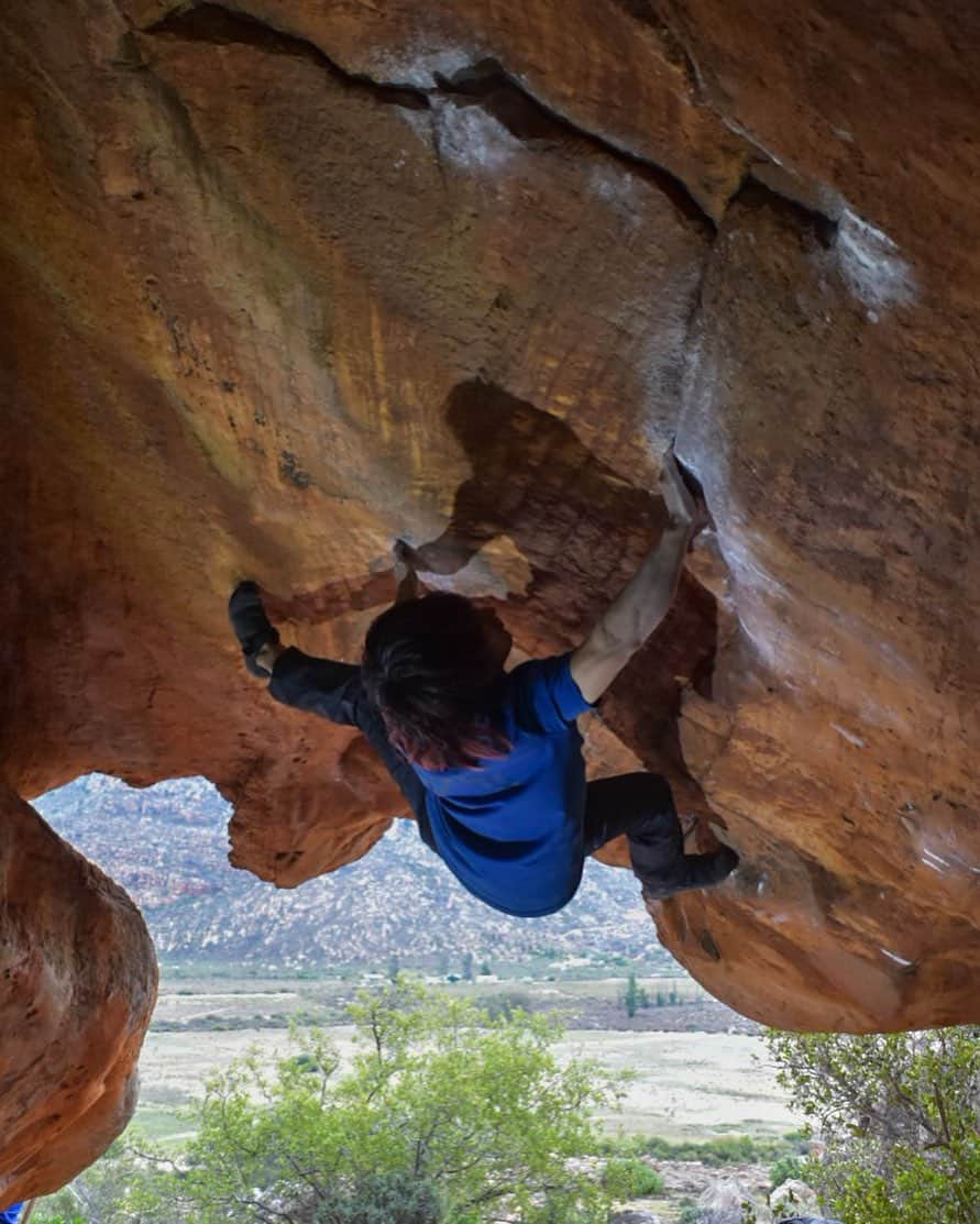 野村真一郎のインスタグラム：「Reverse Cowgirl 8b+/V14✅ FA by @dawoods89  @shawnraboutou   #Rocklands 🇿🇦  I sent another V14 yesterday. I didn’t know “Reverse Cowgirl 8b+” until i get to the place, and I luckily got to know the boulder from a climber trying to it. Once i tried it, soon i found it is interesting one. I felt at first despair cus in the first half of section to “Ray of light” i couldn’t hook my toes, but when i realized that i can break a beta by campasing, i made it in no time. Checking the beta of “Splay of light(V15)” has almost done, so it would be great if i could send it in next time. ＿＿＿＿＿＿＿＿＿＿＿＿＿＿＿＿＿＿＿＿＿＿＿＿＿＿＿＿＿＿  昨日はもう一本5段が登れた。 リバースカウガールは現地に行くまで知らなくて、たまたまトライしていたクライマーに教えてもらえたからやってみたらめちゃ面白い。 最初はRay of lightに合流するパートでまたトウの足が届かなくて絶望感あったけど、キャンパでゴリ押せばなんとかなることに気づいて、そこからは速攻だった。 Splay of light(5段+)のバラしもほぼ解決出来たから、次このケイブに来た時にはコンプリートしたいな。  📸: @o__takum122   @rokdo_team @montura_official @monturajapan @unparallelup @rockmasterhq_caravan @frictionlabs @project_daihold @clover_resole @hamasakichiryoin0929」