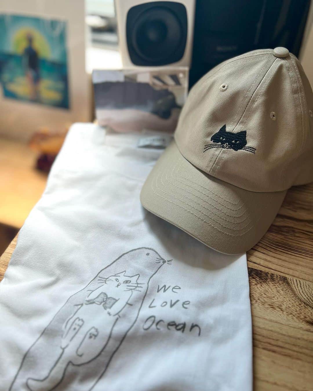 のインスタグラム：「きゃわゆいーーー！！！！！ Tシャツ、よく見たら 🦦？🦭？に抱っこされてる。 ダブルきゃわゆい。  @yuriono ありがと🐈‍⬛❤️」