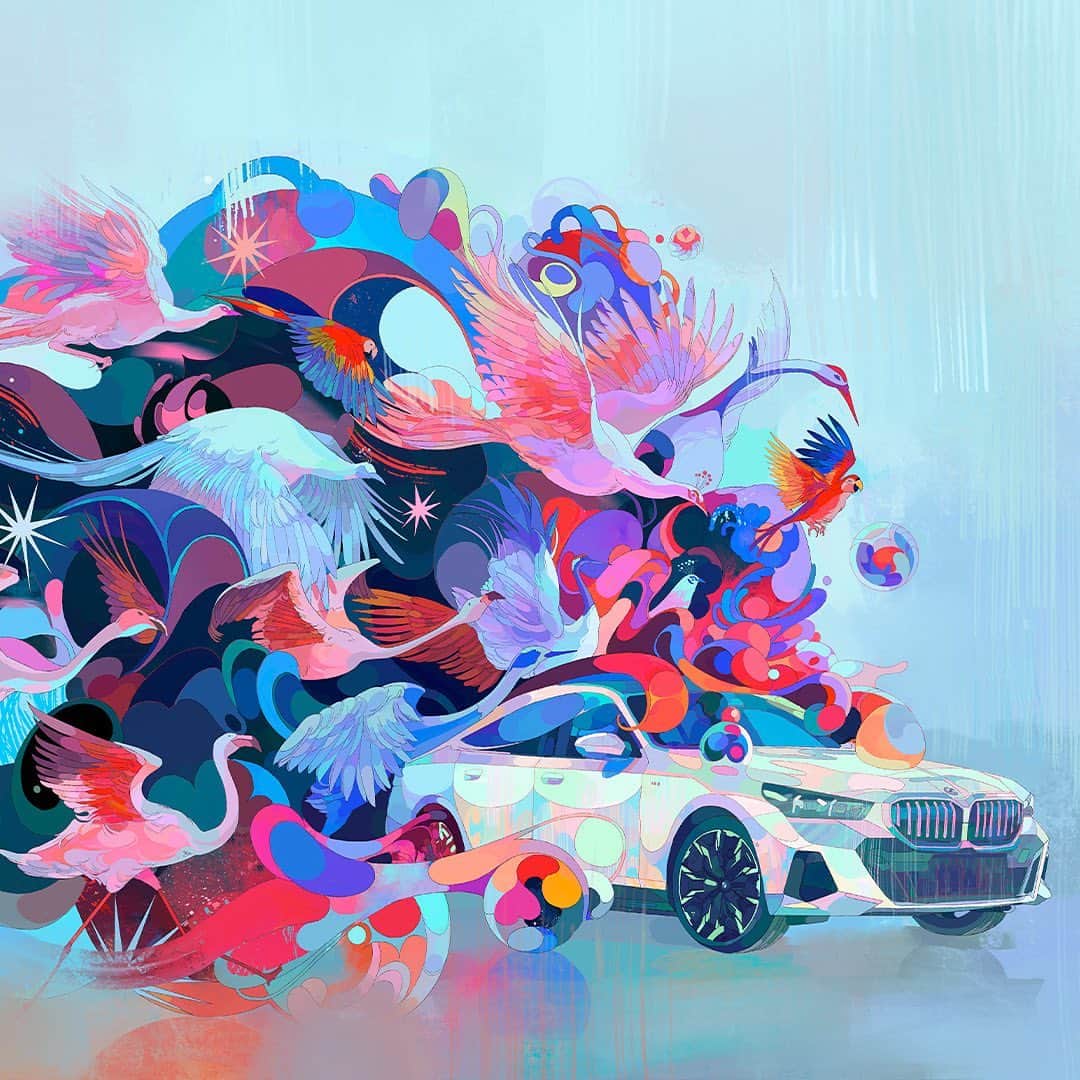 BMWのインスタグラム：「Move vibrantly and soar. The BMW i5, vividly imagined by @jdebbiel 🎨 #THEi5 #BMW __ BMW i5 eDrive40*: Combined power consumption: 18.9–15.9 kWh/100 km. Combined CO2 emissions: 0 g/km. Electric range: 497–582 kilometers. All data according to WLTP. * Preliminary data; no homologation figures available yet. Further info: www.bmw.com/disclaimer」