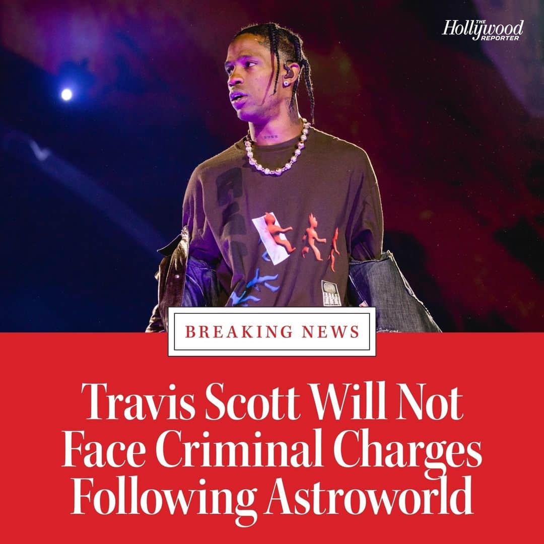 ハリウッド・リポーターのインスタグラム：「#TravisScott will not face criminal charges in relation to the 2021 Astroworld concert tragedy that resulted in the deaths of 10 attendees and many more injuries. For more details, hit the link in bio.」