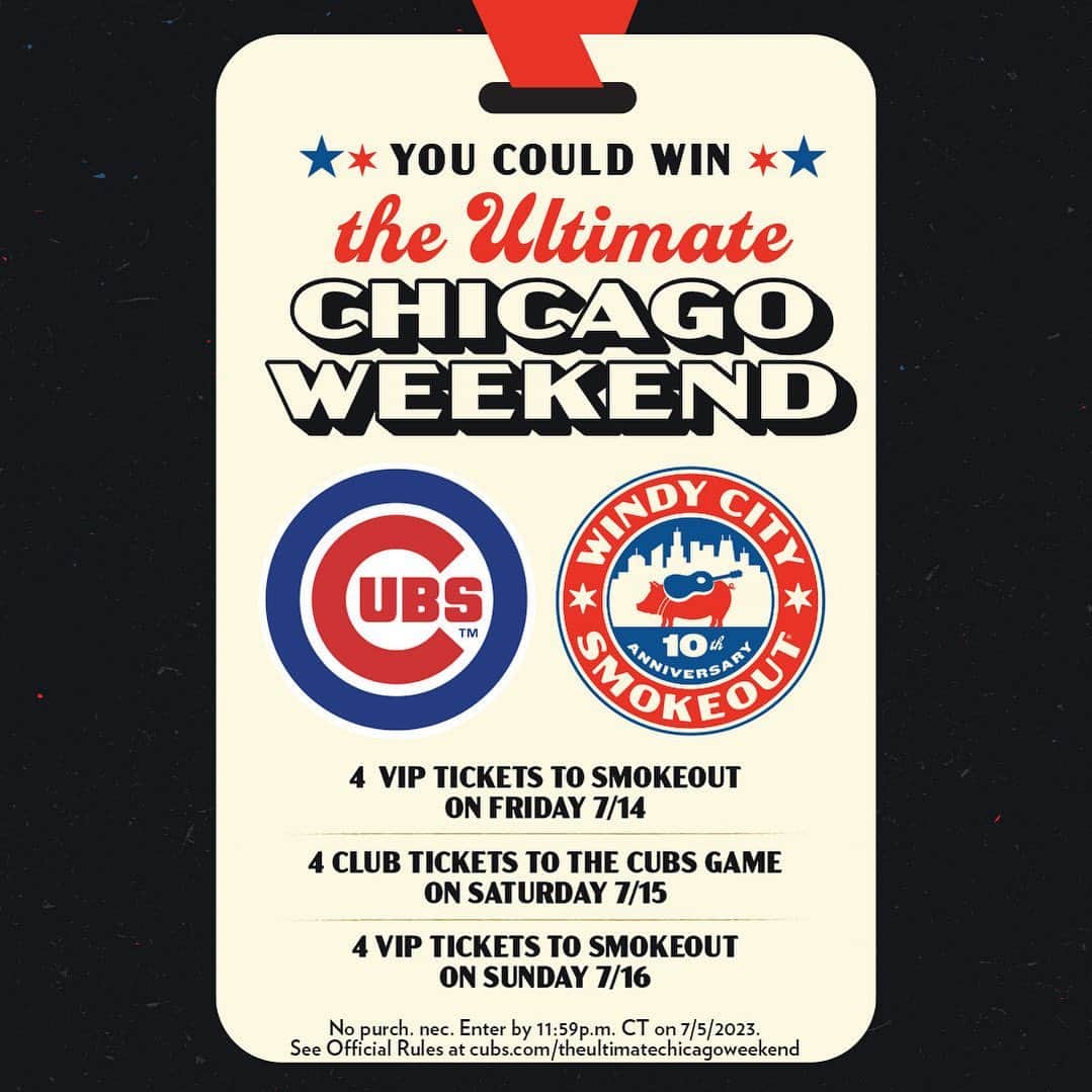 シカゴ・カブスのインスタグラム：「A home run of a weekend if you ask us ⚾ 🤠  Enter for a chance to win 4 VIP tickets to Smokeout on Friday 7/14, 4 club tickets to the Cubs game on Saturday 7/15 and 4 VIP tickets to Smokeout on Sunday 7/16. Head to the link in bio to enter!」