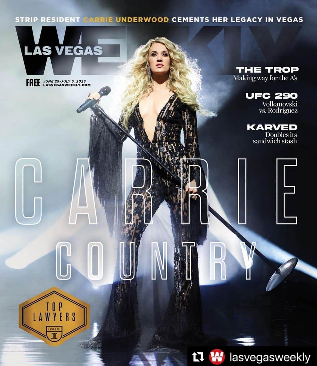 キャリー・アンダーウッドのインスタグラム：「#Repost @lasvegasweekly  ・・・ On this week's #LasVegasWeekly: CARRIE COUNTRY! @resortsworldlv resident @carrieunderwood cements her legacy on the Las Vegas Strip. Pick up a copy, on stands now!」