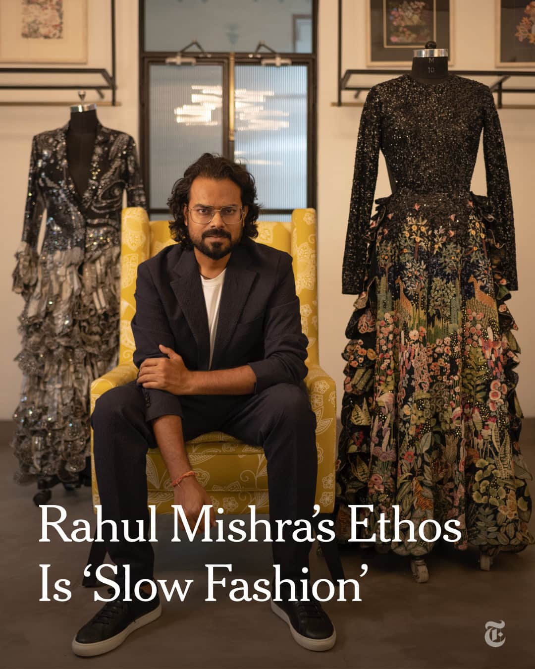 のインスタグラム：「Rahul Mishra, the first Indian designer to show at Paris Haute Couture Week, is returning to the event on Monday. Mishra, who is based in Delhi, India, and who made headlines for dressing Zendaya in a shimmery blue sari, said South Asian wedding wear helped keep his business of “mindful luxury” thriving.  @rahulmishra_7 said a huge chunk of his business came from weddings: designs for brides as well as the kurtas, pantsuits and saris for family members. Weddings are “red carpet” events for people who aren’t celebrities, he said — especially in Indian culture, where weddings often span multiple days, requiring many outfits for a long list of guests.  Mishra is ambivalent about the traditional red for brides (“cliché,” he said), and seeks inspiration instead from the ancient Indian designs that used calico textile, an unbleached fabric made from cotton fibers.  Each handmade piece takes anywhere from 1,000 to 8,000 hours to make, he said. An ethically paced production process has proved crucial for Mishra’s ethos of “mindful luxury.” “The slowness is so powerful that it creates more participation for people who can work on creating that beautiful outfit,” he said.  Read the full article by @sadibahasan at the link in bio. Photo by @khandelwal_saumya」
