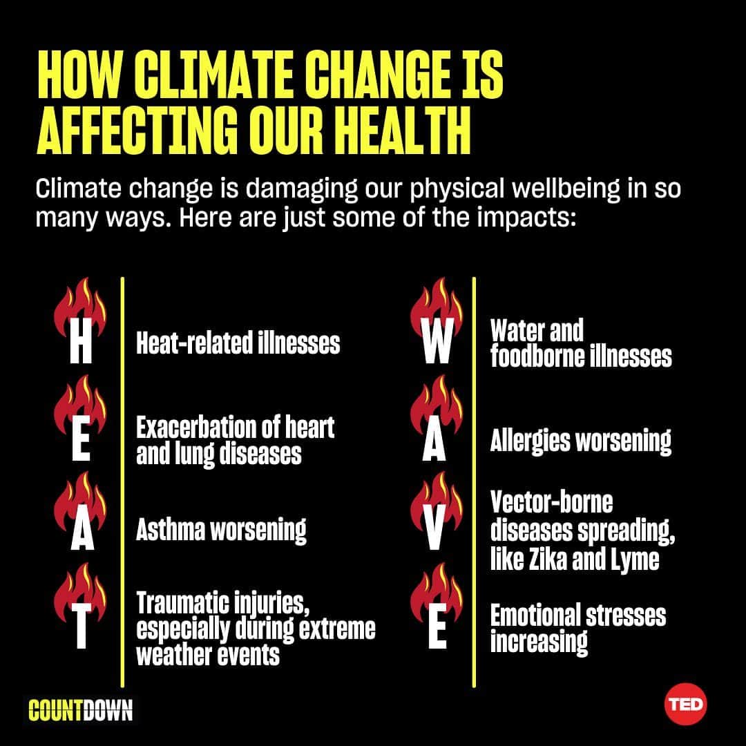 TED Talksのインスタグラム：「If you think climate change only affects the planet, think again! As the Earth heats up, its residents — you know, we humans — are more and more vulnerable. The list here contains just some of the climate-related illnesses and conditions that we could experience. Unfortunately, poor people are already suffering from many of these as record-high temperatures, disease-carrying mosquitoes and climate gentrification threatens those with existing medical conditions, says physician Cheryl Holder (@drcherylholder). She’s calling on doctors and other health professionals to advocate for patients with climate-related illnesses. What can those of us who aren’t in the health care profession do? We can speak up and push our local and national leaders to implement effective climate change policies. Visit the link in our bio to learn more about how climate change is affecting health outcomes and what you can do to help.」