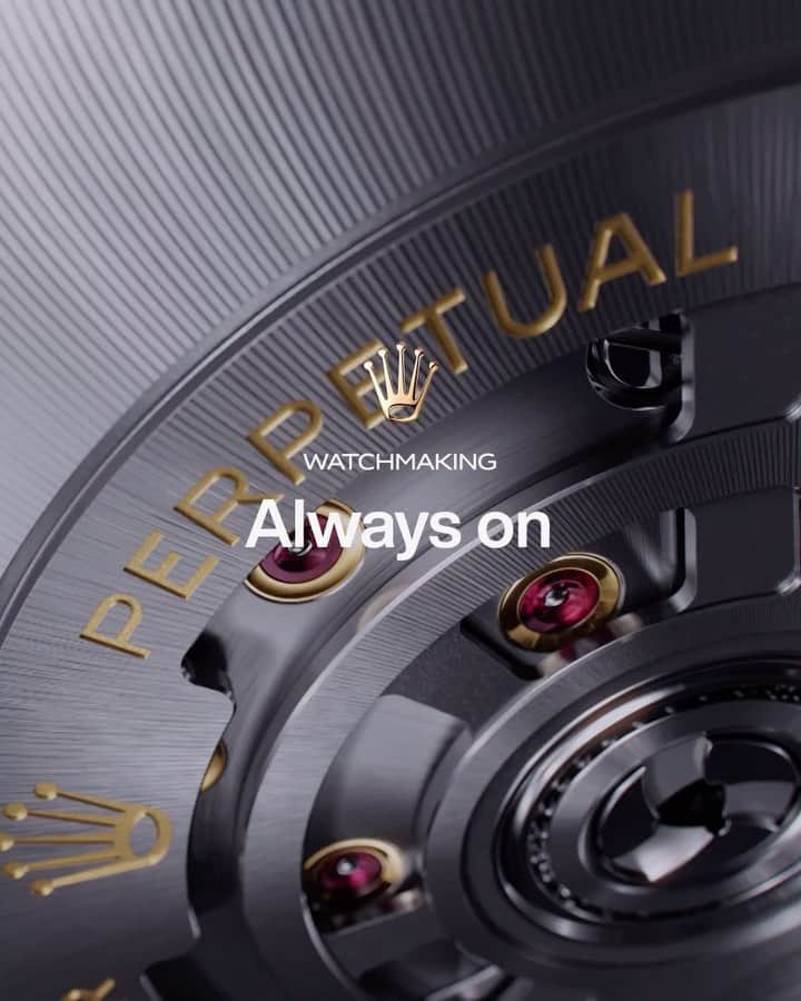 rolexのインスタグラム：「The Perpetual rotor is Rolex’s automatic winding mechanism. It enables the watch to be constantly wound by the wrist’s movement. Invented in our workshops, then patented, it was introduced in 1931. In a constant state of unstable equilibrium, the half-moon oscillating weight rotates with every gesture. The energy generated is transferred to the mainspring, which is continually wound, ultimately moving the watch hands. Regularly. Precisely. For though we all seek balance, it is imbalance that drives us to move, perpetually. #Rolex #Watchmaking #Perpetual」