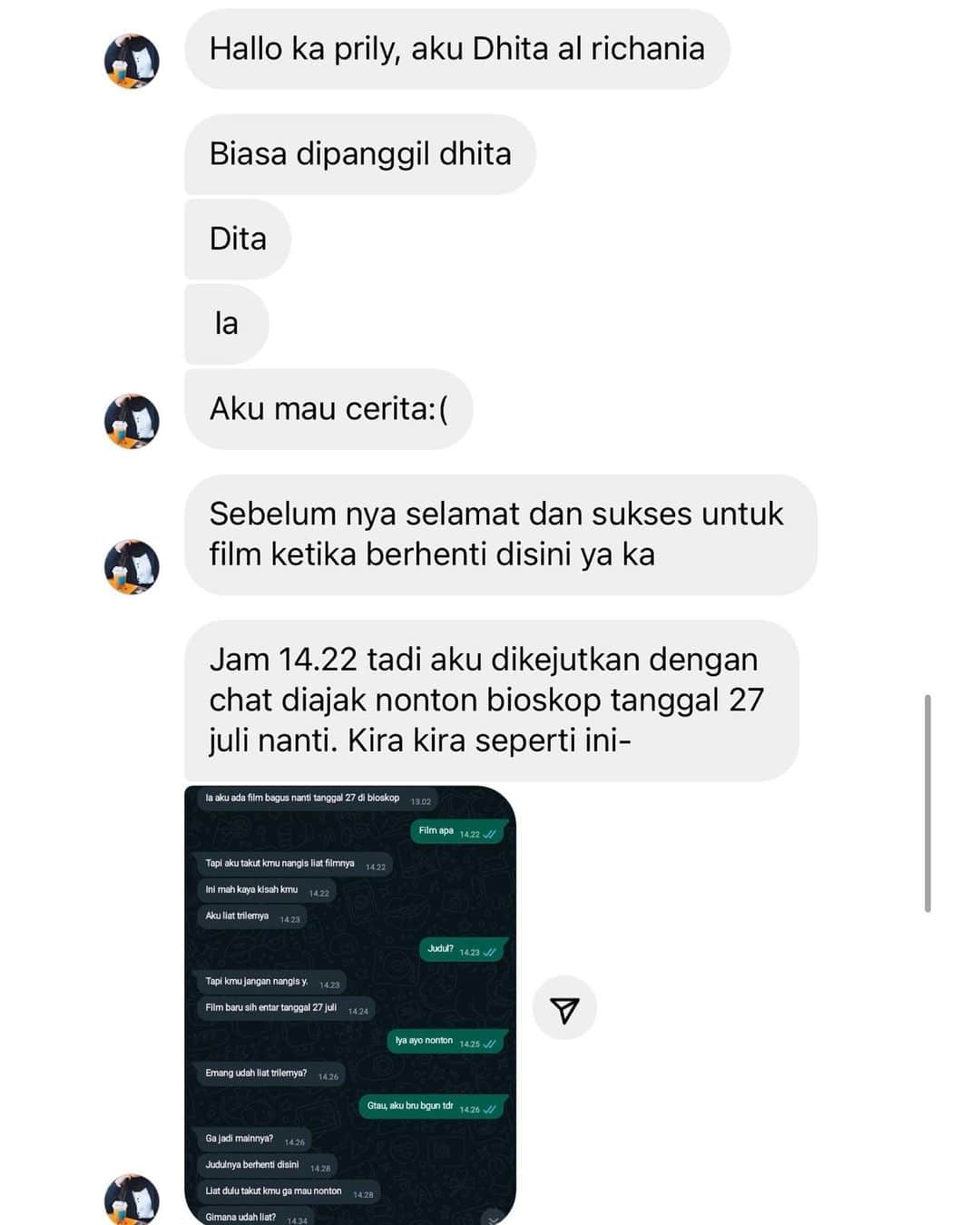 Prilly Latuconsinaのインスタグラム：「Semenjak rilis trailer film #KetikaBerhentiDiSini banyak sekali menerima DM dari mereka yang cerita ke aku soal duka kehilangannya. Salah satunya adalah ini. Namanya Dita, nama yang sama dengan karakterku di film Ketika Berhenti di Sini. Dan ternyata ceritanyapun persis. Dita kehilangan calon tunangannya yang mengalami kecelakaan. Sekarang Dita sedang berusaha melanjutkan hidupnya dengan belajar untuk ikhlas.   Semangat untuk Dita dan kalian semua yang sedang mengalami hal serupa.   Semoga film #KetikaBerhentiDiSini bisa membuat kalian lebih lega dan memberikan dampak yang baik untuk kalian.   #MerayakanKehilangan 27 Juli di Bioskop.」
