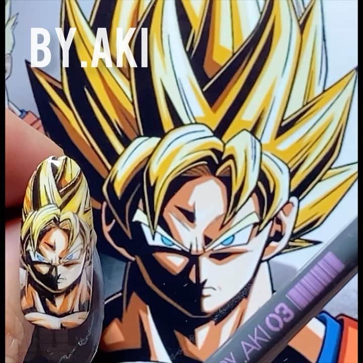 のインスタグラム：「DRAGON BALL🔥 孫悟空💪  鳥山明先生崇拝者🫡 とにかく、あるべき所にあるべき線がある✨ 毎回、鳥山先生の画力に感動しながら描く幸せ😆  🛒🛒🛒🛒🛒🛒🛒🛒🛒🛒🛒  💅プロネイリストさん @nailshoptat  🎨誰でも🆗 @nailoid.by.aki   #dragonball #songoku  #ドラゴンボール #ドラゴンボールネイル #ドッカンバトル @akira.toriyama  #鳥山明 大先生様✨  @by.aki #anime#manga#NAIL#ジェルネイル#ネイル#福岡#福岡市#全てジェルネイル#手描きネイル#all.gel#痛ネイル#ネイリスト#キャラネイル#네일#gel甲#美甲#clou#مسمار#paku #uña」