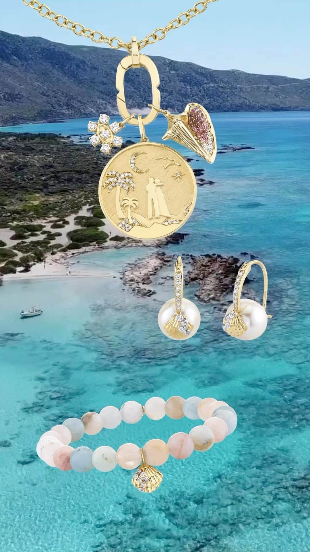 のインスタグラム：「It’s a #SydneyEvan Summer ☀️ First stop: Greece  Bask in the golden sun, take a dip in the sea, and immerse yourself in the allure of this Mediterranean paradise. Featured here our Sunset Link Clip Charm Necklace, Clam Shell Pearl Earrings, and Clam Shell on Multi Morganite.  Where are you traveling to with your Sydney Evan this summer?」