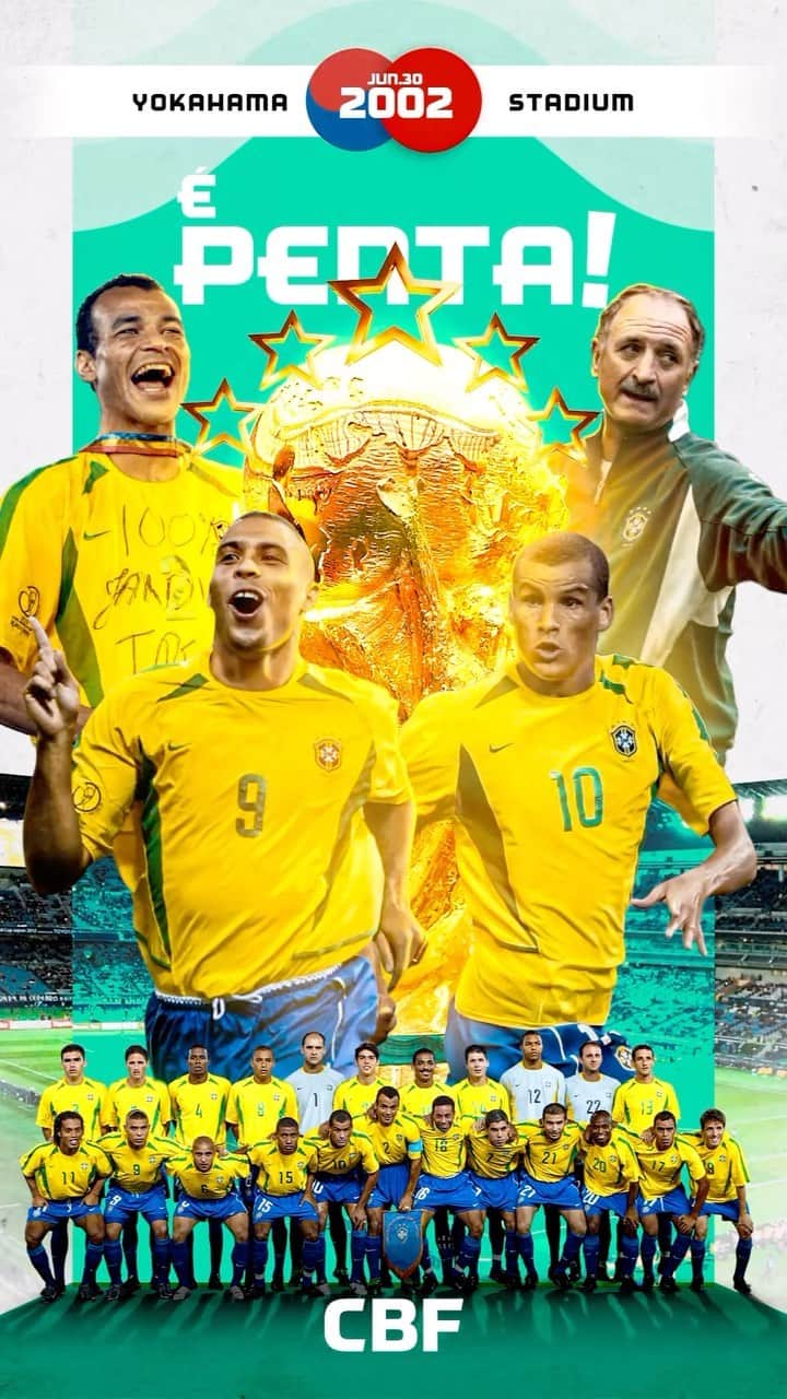 のインスタグラム：「É penta! 🤩  No dia 30 de junho de 2002, a Seleção Brasileira vencia a Alemanha por 2 a 0 e conquistava seu quinto título da Copa do Mundo.  Os dois gols da Amarelinha foram marcados por @ronaldo, o artilheiro daquela edição com oito bolas na rede.   A CBF agradece aos 23 atletas e a todos os envolvidos no pentacampeonato.  🎨: @jnrsouz.a / CBF 📹: @_talitaferreir / CBF」