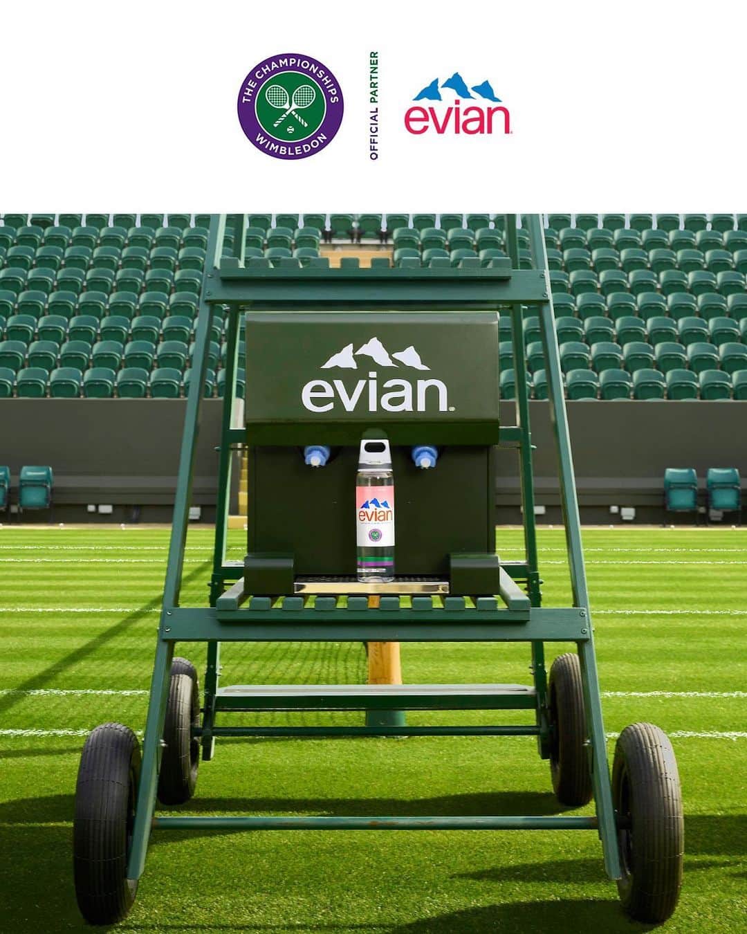evianのインスタグラム：「Alps sourced, Wimbledon served 🎾  As The Official Water of The Championships since 2008, evian and Wimbledon join forces in their circularity journey, to deliver Wimbledon’s first ever refillable system on court.  Players are provided with their own reusable bottles that can be refilled with evian natural mineral water, on-court and at designated player areas, including practice courts, dressing rooms and restaurants 💧  #evian #Wimbledon #tennis #Refillable」