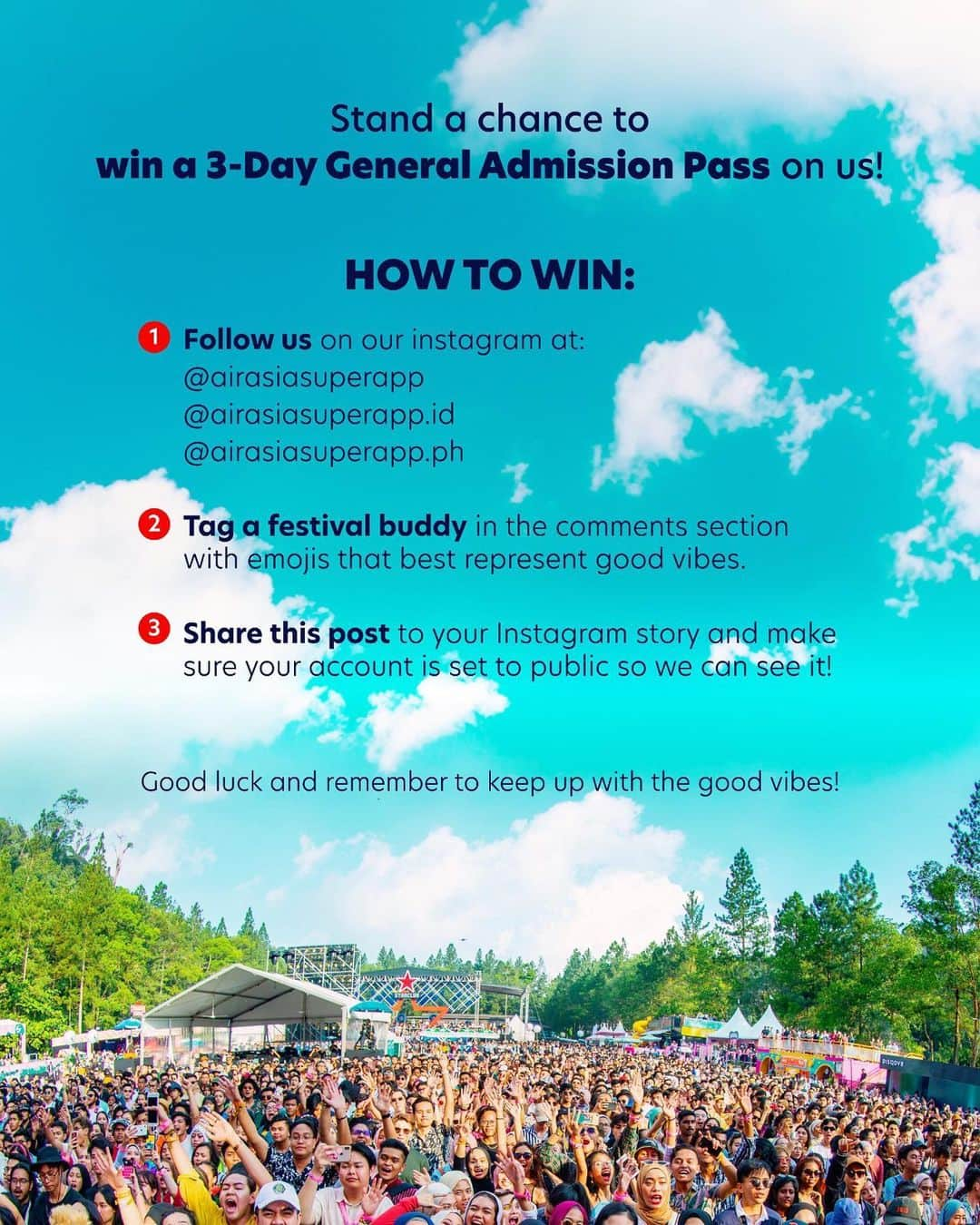 エアアジアさんのインスタグラム写真 - (エアアジアInstagram)「This is YOUR chance to win a 3-Day General Admission Pass to Good Vibes Festival 2023!  @goodvibesfest   ✨Here’s how:  🎶 Follow us on our Instagram at: @airasiasuperapp @airasiasuperapp.id @airasiasuperapp.ph   🎶 Tag a festival buddy in the comments section with emojis that best represents good vibes! 👩‍🎤🎤  🎶 Share this post to your Instagram story and make sure your account is set to public so that we can see it! 📱  In the meantime, don't forget to keep up with the good vibes! ☁️✨  T&Cs apply  #airasiasuperapp #goodvibesfestival #gvf2023 #exploreyourway」6月30日 21時03分 - airasiasuperapp