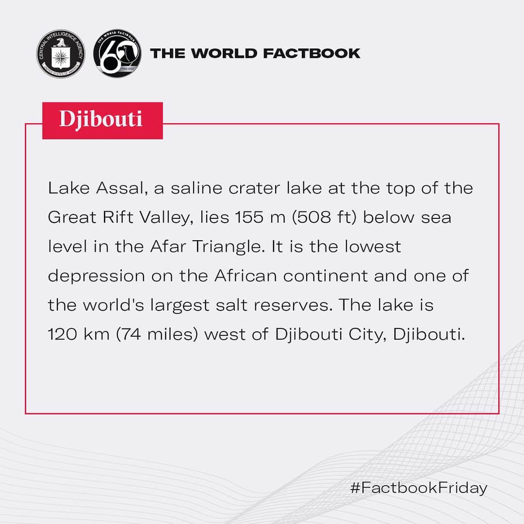 CIAさんのインスタグラム写真 - (CIAInstagram)「This week Factbook Friday highlights Lake Assal, a saline crater that is the lowest depression on the African continent and one of the world's largest salt reserves.   #FactbookFriday #LakeAssal #Djibouti」6月30日 22時00分 - cia