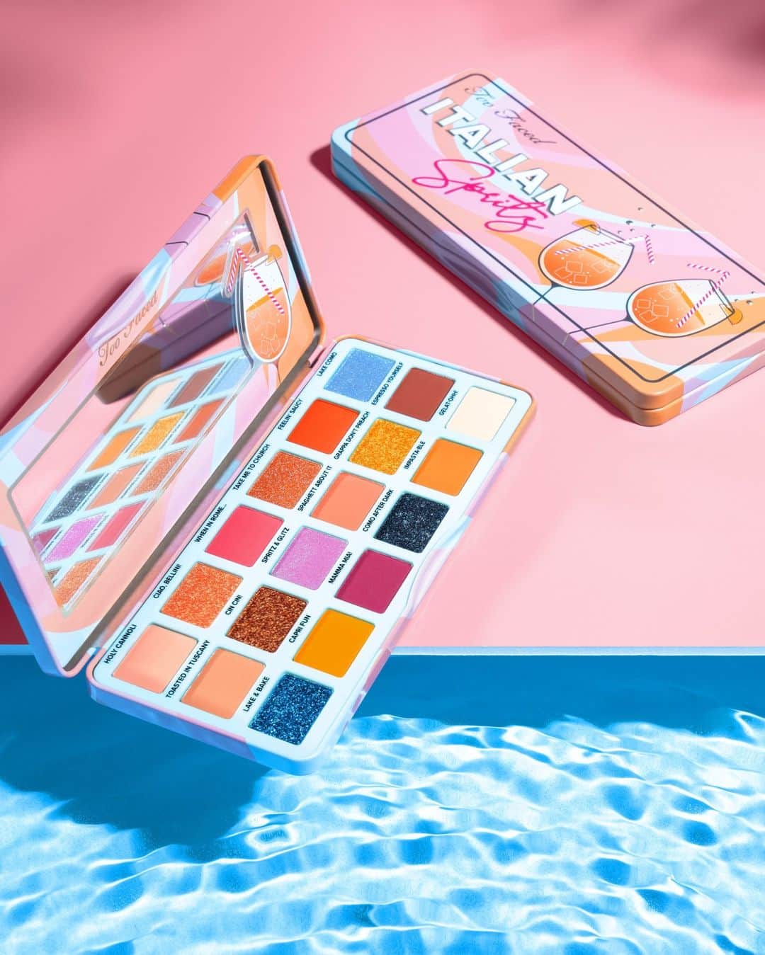 Too Facedのインスタグラム：「✈️ Transport yourself to Italy with 18 multi-finish sparkling shades inspired by our favorite summer cocktail in our NEW ITALIAN SPRITZ EYESHADOW PALETTE! 🍊✨😉 #toofaced #tfcrueltyfree」