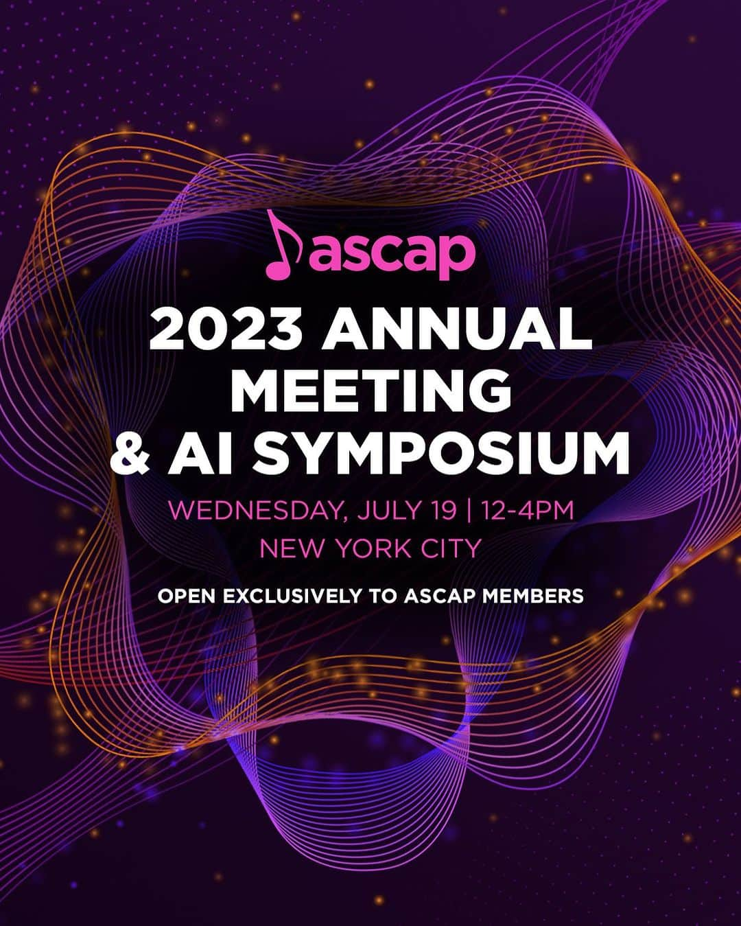 ASCAPのインスタグラム：「ASCAP’s Annual Meeting is touching down in The Big Apple with our AI Symposium! 🍎  Join your community in NYC as ASCAP leaders report on the "state of our union," celebrate members’ success and bring together experts from creative, tech and business worlds to address the opportunities and challenges AI presents for music creators.   Open exclusively for ASCAP members.  RSVP is required & space is limited.  Tap the 🔗 in bio to RSVP now.」