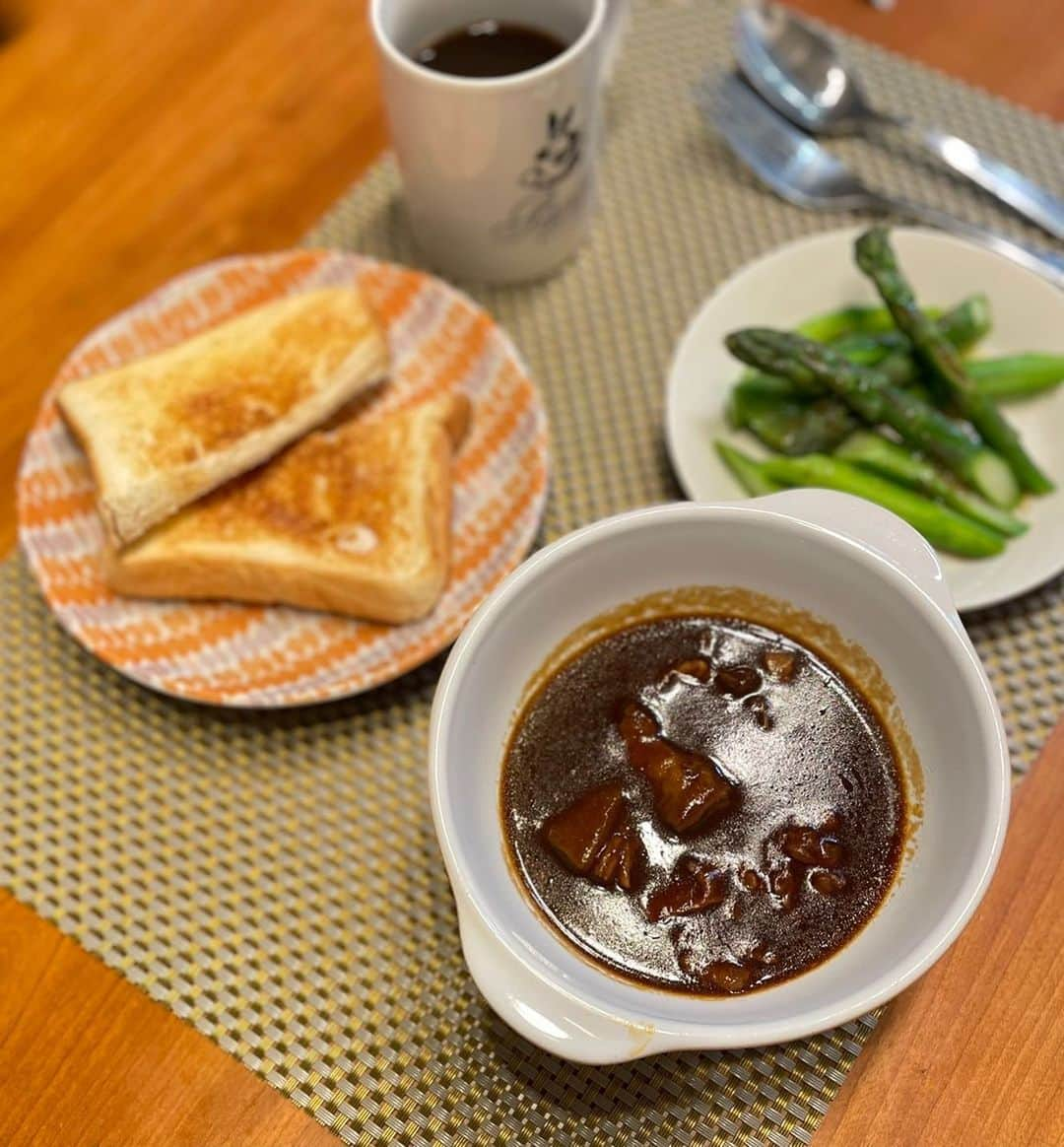 中井美穂のインスタグラム：「今日の朝ごはんはビーフシチューとトースト🍞  レンジで簡単！本格ビーフシチューのおかげであっという間に出来上がり😊  信頼できる安心安全な食品との出会いは何より貴重です！  #slクリエーションズ  #安心安全へのこだわり  #疑わしきは使用せず  #お手軽  #美味しい  #簡単  #ビーフシチュー  #本格」