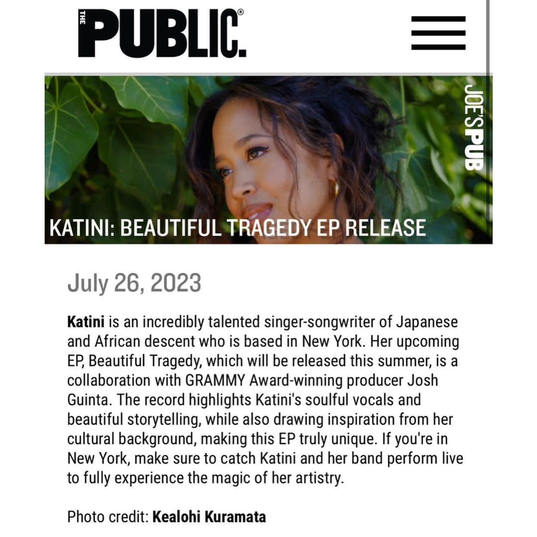 Katini Yamaokaのインスタグラム：「Excitement fills my heart as I announce my record release show on July 26th at The New York Public Theatre @joespub ! Join me in celebrating the launch of my EP, Beautiful Tragedy, a true labor of love. The doors will open at 6pm, and tickets are available today for $25 (link in bio). Can’t wait to see you at what will be an unforgettable night of music ♥️ #recordrelease #newmusic #BeautifulTragedyEP #newyork #livemusic #thepublictheatre」