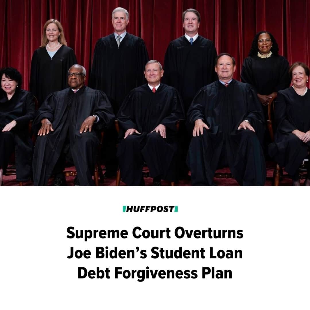 Huffington Postのインスタグラム：「The six conservative justices on the Supreme Court ruled that President Joe Biden’s student loan debt forgiveness plan is unconstitutional on Friday.⁠ ⁠ The 6-3 decision written by Chief Justice John Roberts means that the 26 million Americans who signed up for the debt forgiveness program will no longer have their debt partially or fully wiped away.⁠ ⁠ Biden announced his plan to forgive up to $20,000 in student loan debt for more than 40 million loan holders in August 2022. The plan authorized $20,000 in relief to Pell Grant recipients and $10,000 in relief to other borrowers who made less than $125,000 a year in 2020 or 2021. In authorizing the forgiveness plan, Biden cited his authority under the 2003 HEROES Act, passed in the wake of 9/11, to “waive” or “modify” student loan debt terms during a national emergency ― in this case, the COVID-19 pandemic.⁠ ⁠ But the court disagreed. Roberts’s opinion declared the debt forgiveness plan to be in violation of the court’s so-called major questions doctrine. This doctrine allows the court to declare an executive branch policy that the court thinks wasn’t authorized by Congress to be unconstitutional if a majority of justices agree that it is too “major” a policy. Its application is highly subjective.⁠ ⁠ Read more at our link in bio. // 📷 Getty Images // 🖊 Paul Blumenthal⁠」