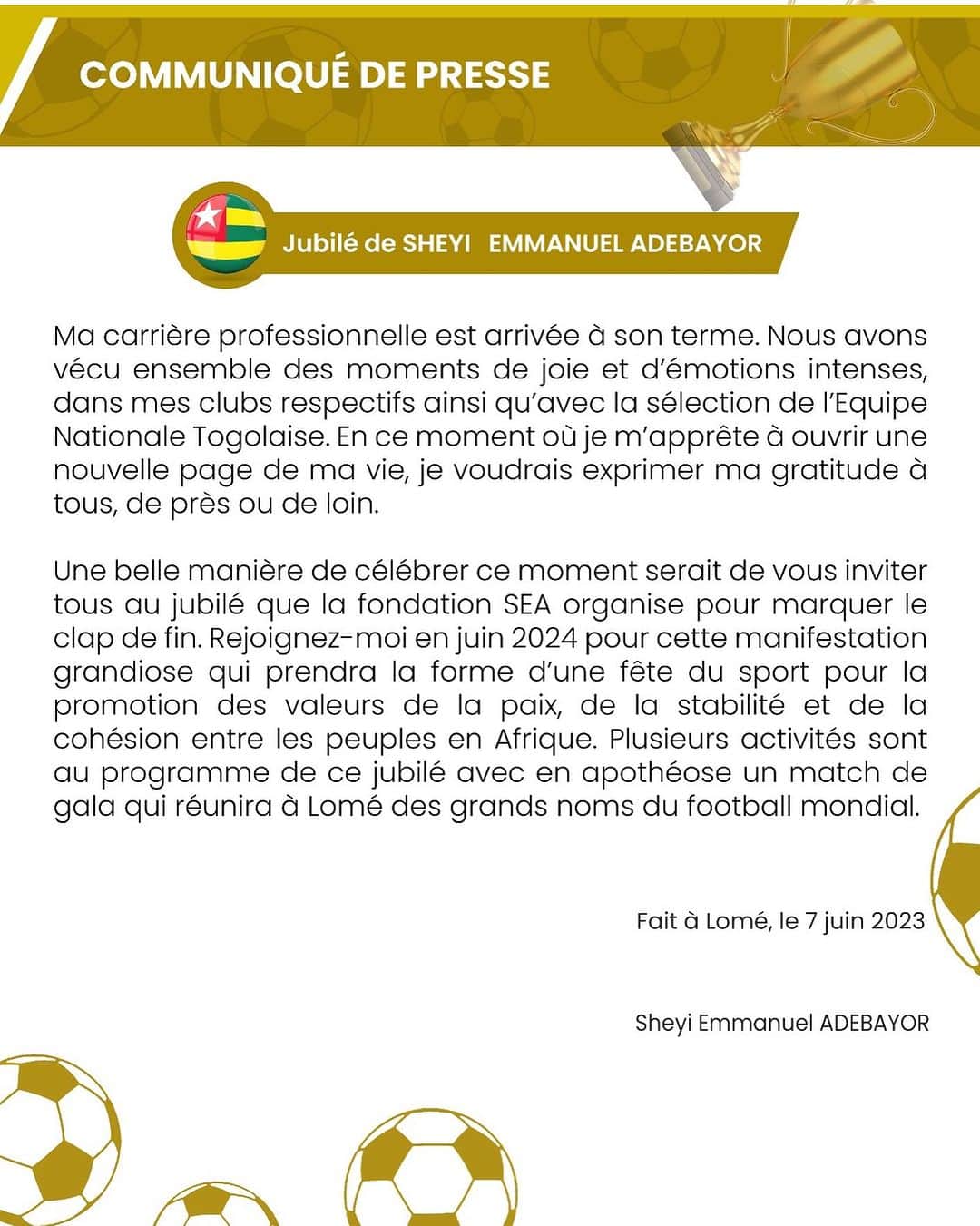 エマニュエル・アデバヨールのインスタグラム：「SEA, Rendez vous en Juin 2024 …  Merci !  🌍⚽️❤️🇹🇬」