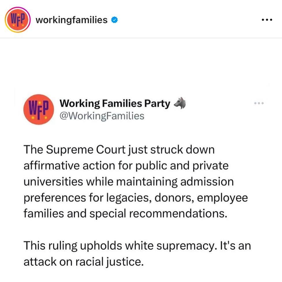 アンバー・タンブリンのインスタグラム：「The Supreme Court continues its onslaught of undoing decades of important precedent aimed at bringing some modicum of real equality and so-called freedom to this country. It’s been a snowball effect since 2016’s election which put three biased judges—Neil Gorsuch, Brett Kavanaugh, and Amy Coney Barrett—in Supreme Court seats so they could serve their God over this country, drastically shifting the balance of the court. All it took was ONE election to upend decades of progress in the United States. ONE. We should all be furious over this ruling on affirmative action, which will impact generations of Black and brown families in an educational system already rigged against them. I am constantly reminded that it didn’t have to be this way. It still doesn’t. Voting matters. Voting matters to save what’s left of our planet, a future for our children, our dignity and our rights to exist as we ARE. If we want this madness to end, it’s going to take all of us paying attention, staying informed, and showing up time and time again to the ballot box. Shame on this ruling by the Supreme Court.」