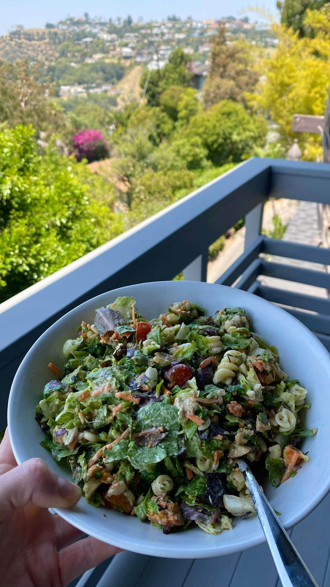 ヒラリー・ローダのインスタグラム：「The Salad. Proof that food is just a vessel for SAUCE 😛 Mixed greens, romaine, pasta, honeycrisp apples, shredded carrots, hemp seeds, nutritional yeast, tomatoes, shredded chicken, broccoli, roasted sweet potatoes, pita chips, lime tortilla chips, vegan creamy dill dressing from Trader Joe’s and your favorite balsamic vinagrette. Chop chop!」