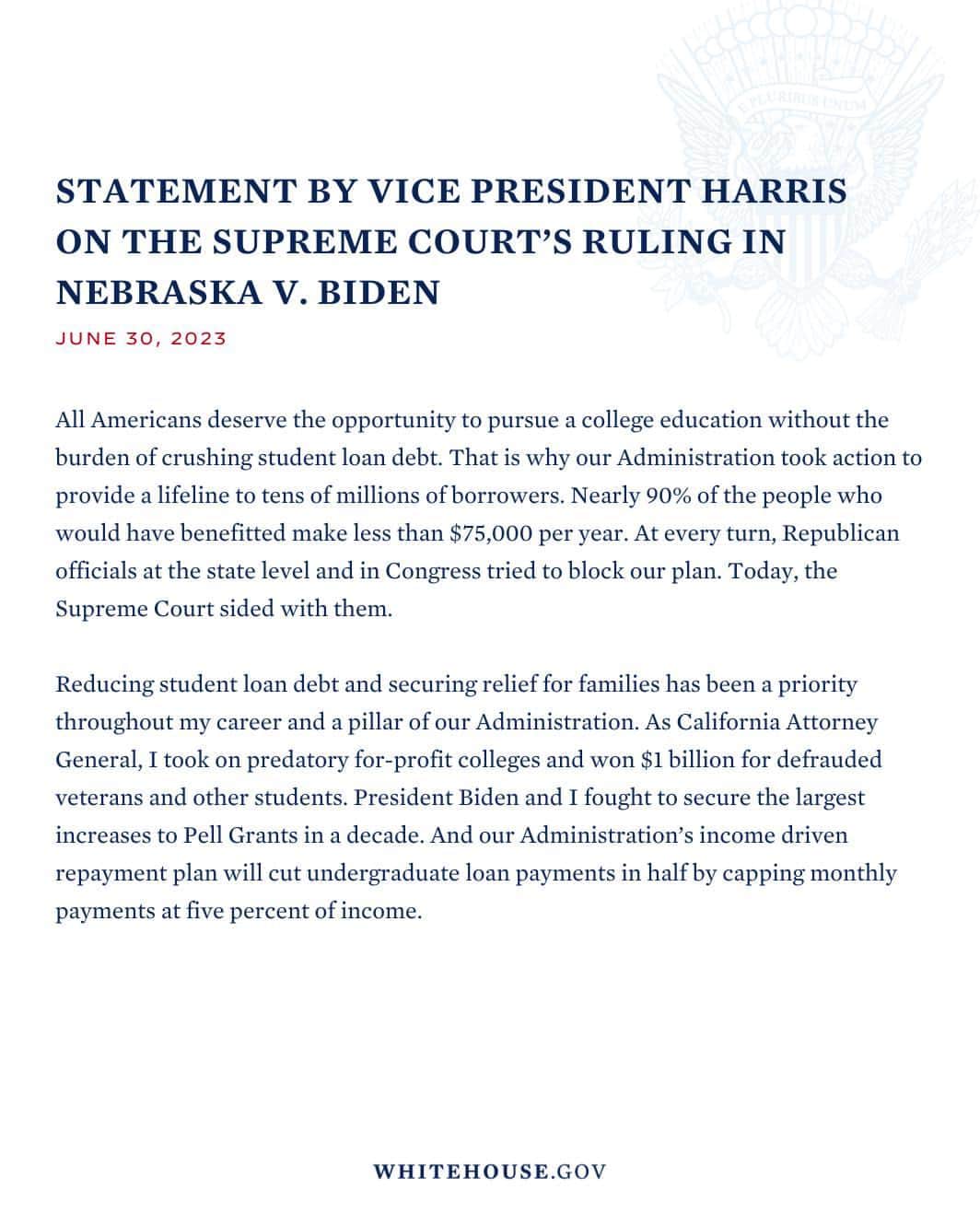 ジョー・バイデンさんのインスタグラム写真 - (ジョー・バイデンInstagram)「@POTUS and I are committed to delivering the relief student debt borrowers need. Read my full statement on the Supreme Court’s ruling in Nebraska v. Biden.」7月1日 9時53分 - vp