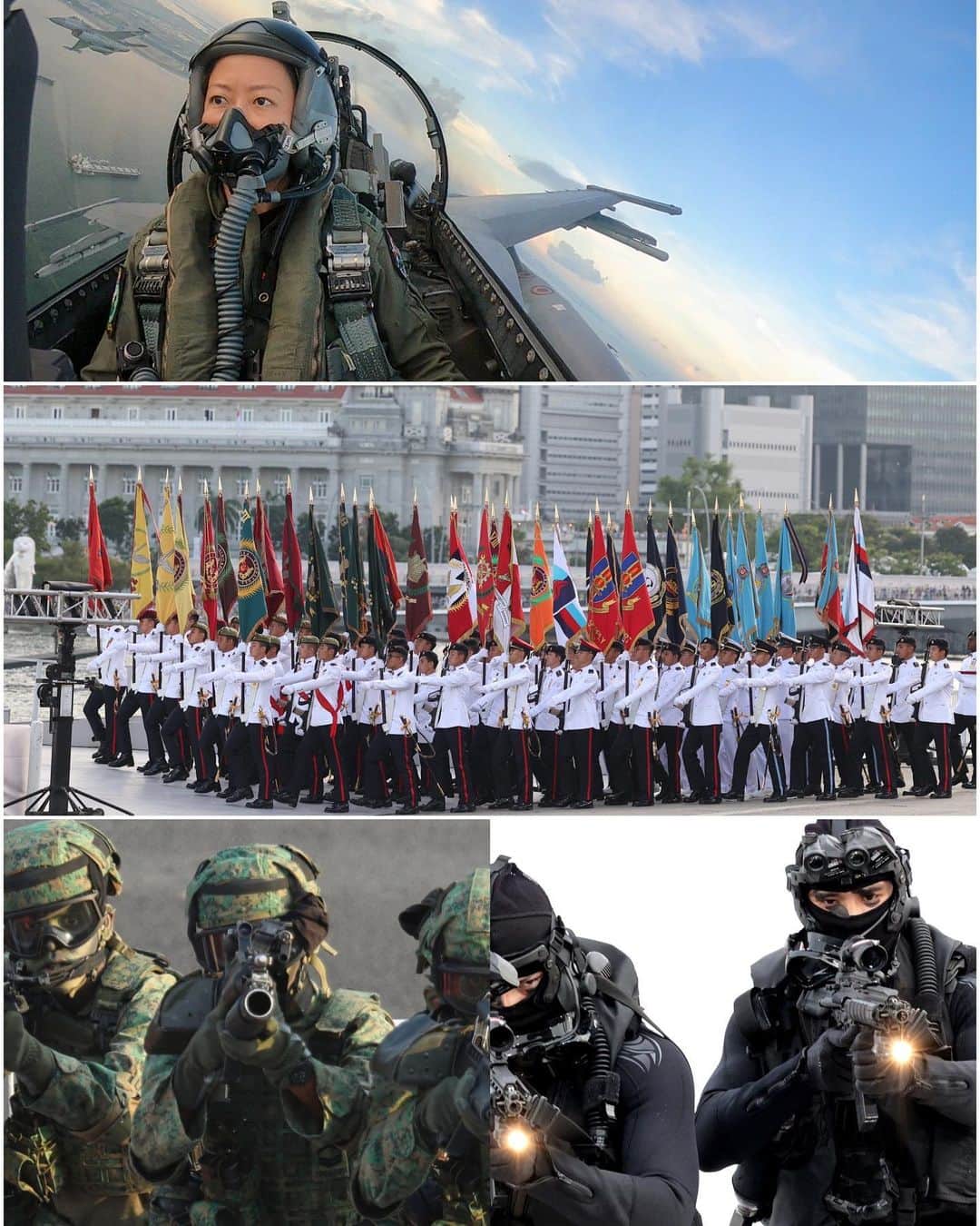 リー・シェンロンのインスタグラム：「Happy SAF Day!  Defending our homeland is our own responsibility. We only have ourselves to depend upon when it comes to protecting our people and our sovereignty. Geopolitical tensions in other parts of the world also remind us not to take peace for granted.   We also mustn't overlook the increasingly complex threats in the digital domain, which is why the fourth arm of the SAF, the Digital and Intelligence Service, was established late last year.  Let’s commemorate this day by showing our thanks to all NSFs, Regulars, NSmen, as well as their families, for their contributions in keeping Singapore a safe place for all of us. – LHL  #HormatSAF  #SAFDay23  @mindefsg  @oursingaporearmy  @singaporenavy   ([Top] RSAF Photo; [Middle] MCI Photo by Fyrol; [Bottom L-R] MCI Photos by Terence Tan & Lim Sin Thai)」