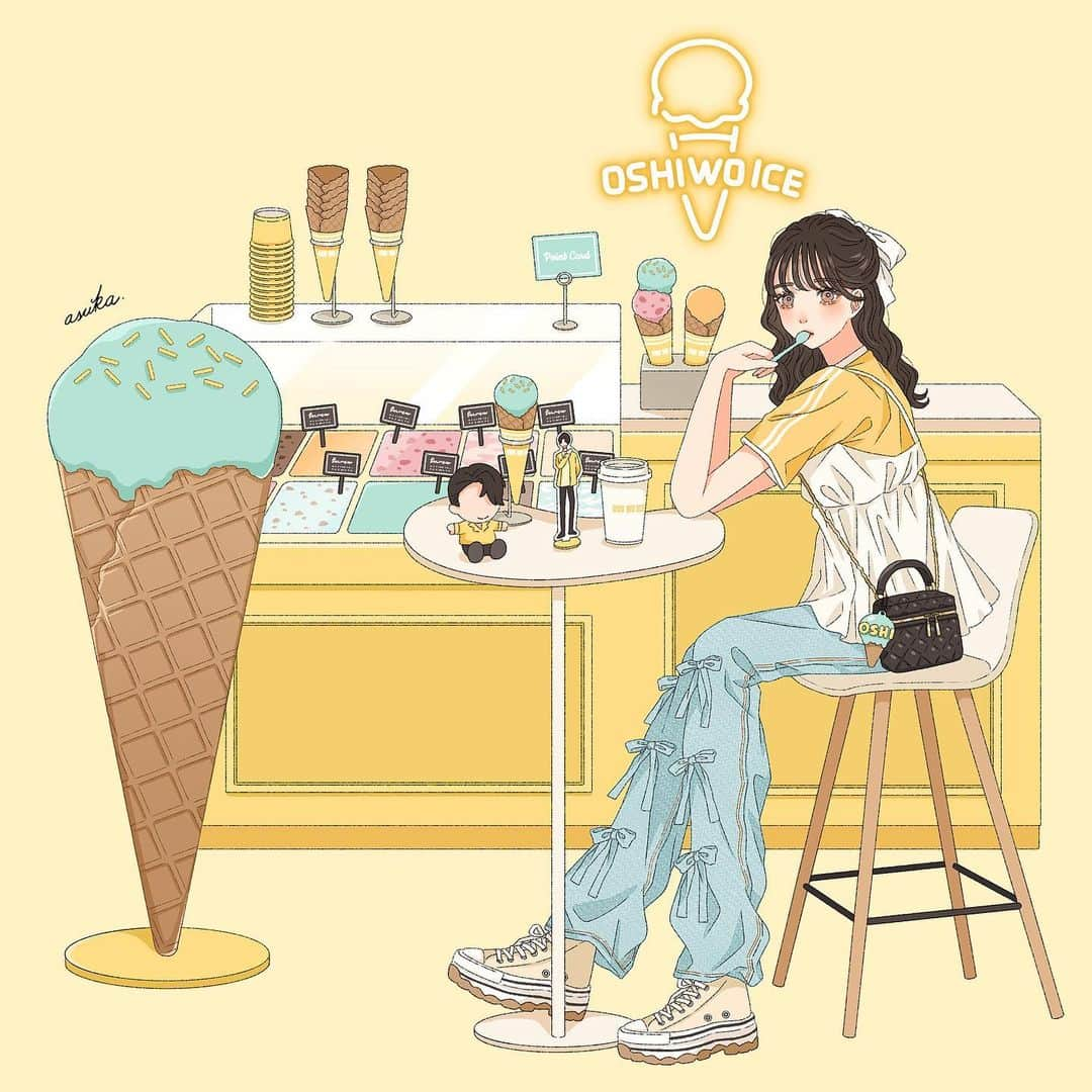 asukaのインスタグラム：「・ 🍦💛𝕆𝕊ℍ𝕀 𝕎𝕆 𝕀ℂ𝔼💛🍦  7月カレンダー配布します〜！ 今回はアイスクリーム屋さんで推し活なイラスト🫶🏻 アイスを食べて推しを愛す…😂(ダジャレすいません笑)  ハイライトの『カレンダー』からぜひ使ってね✍🏻 ・ ・ #instagood #instalike #instafashion #l4like #l4l #fff #f4f #kpop  #参戦服 #うちわ #イラストグラム #ファッションイラスト #イラストレーター #オリジナルイラスト #おえかき #ちびぬい #お洒落なジャニヲタさんと繋がりたい #トートバッグ #わーーーージャニオタさんと繋がるお時間がまいりましたいっぱい繋がりましょ #アクスタ #kpop好きな人と繋がりたい#バニティバッグ #ジェラート専門店 #カレンダー #カレンダーイラスト #カレンダー配布 #フリーアイコン#アイスクリーム#厚底コンバース」