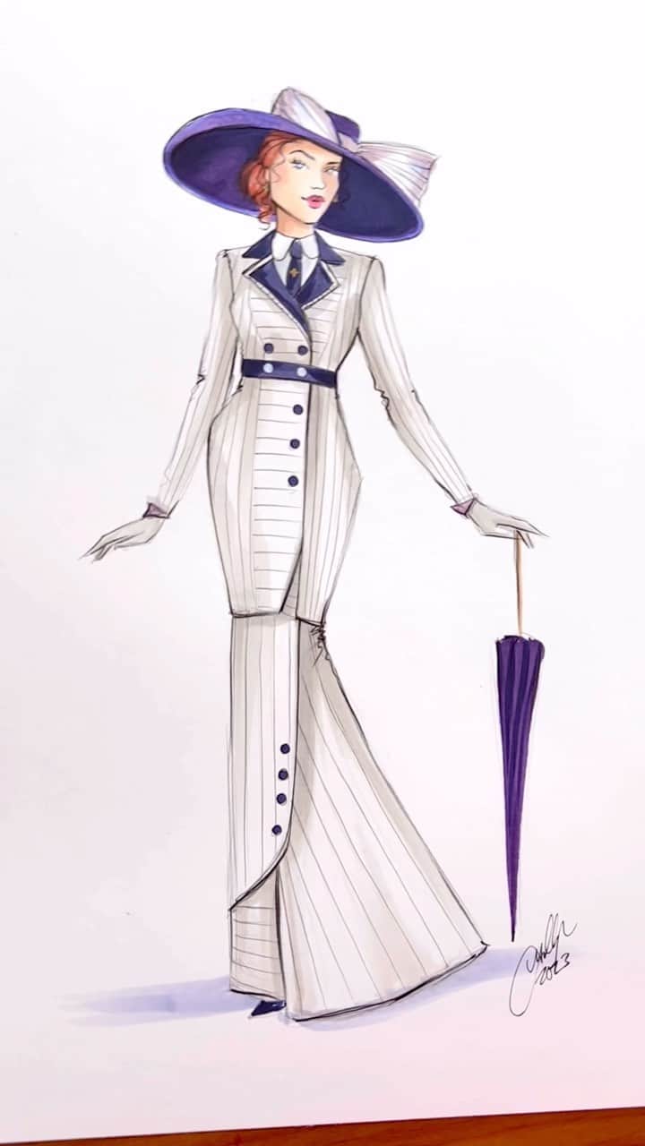 Holly Nicholsのインスタグラム：「Rose’s Boarding Suit, Titanic 💕 costume designer, Deborah Lynn Scott #titanic #fashionillustration #asmr #copicmarkers #vintagestyle #asmrsounds」